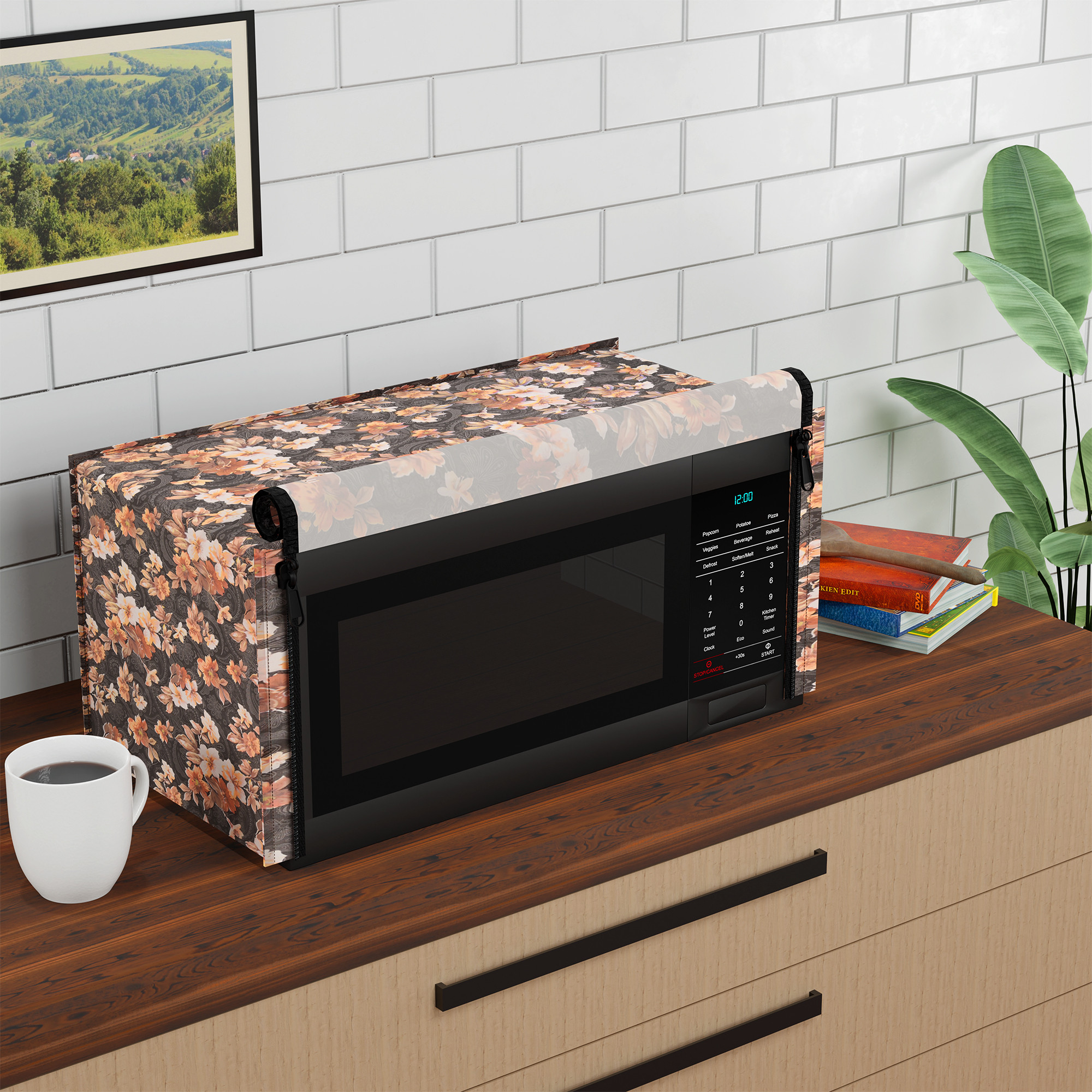 Kuber Industries 20L PVC Dustproof  Spill Resistant Microwave Cover with Ventillation Mesh  Durable Convection  Oven OTG CoversAccessories for Home Decor  Multi Floral-GreyBrown