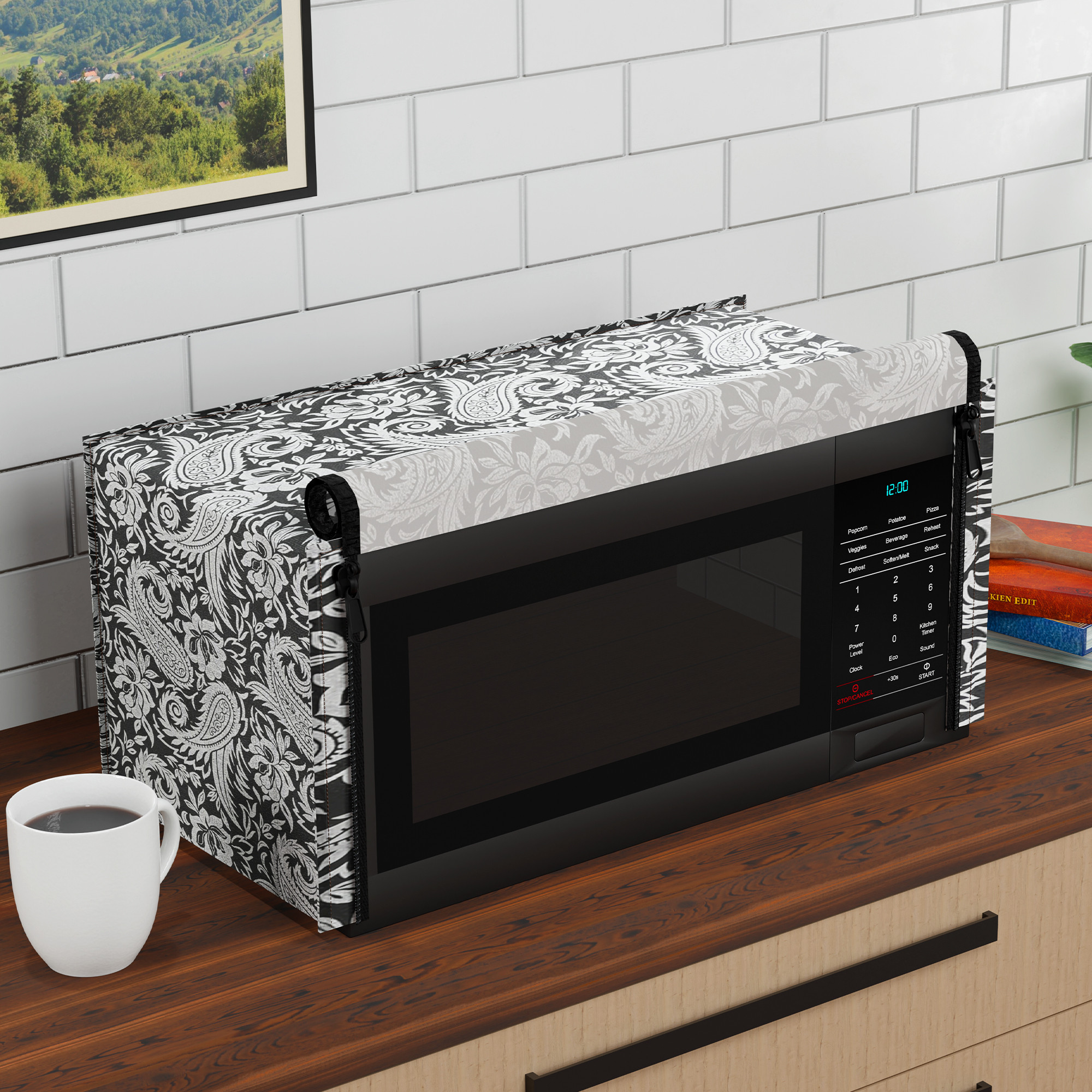 Kuber Industries 20L PVC Dustproof  Spill Resistant Microwave Cover with Ventillation Mesh  Durable Convection  Oven OTG CoversAccessories for Home Decor  Carry Floral-BlackSilver