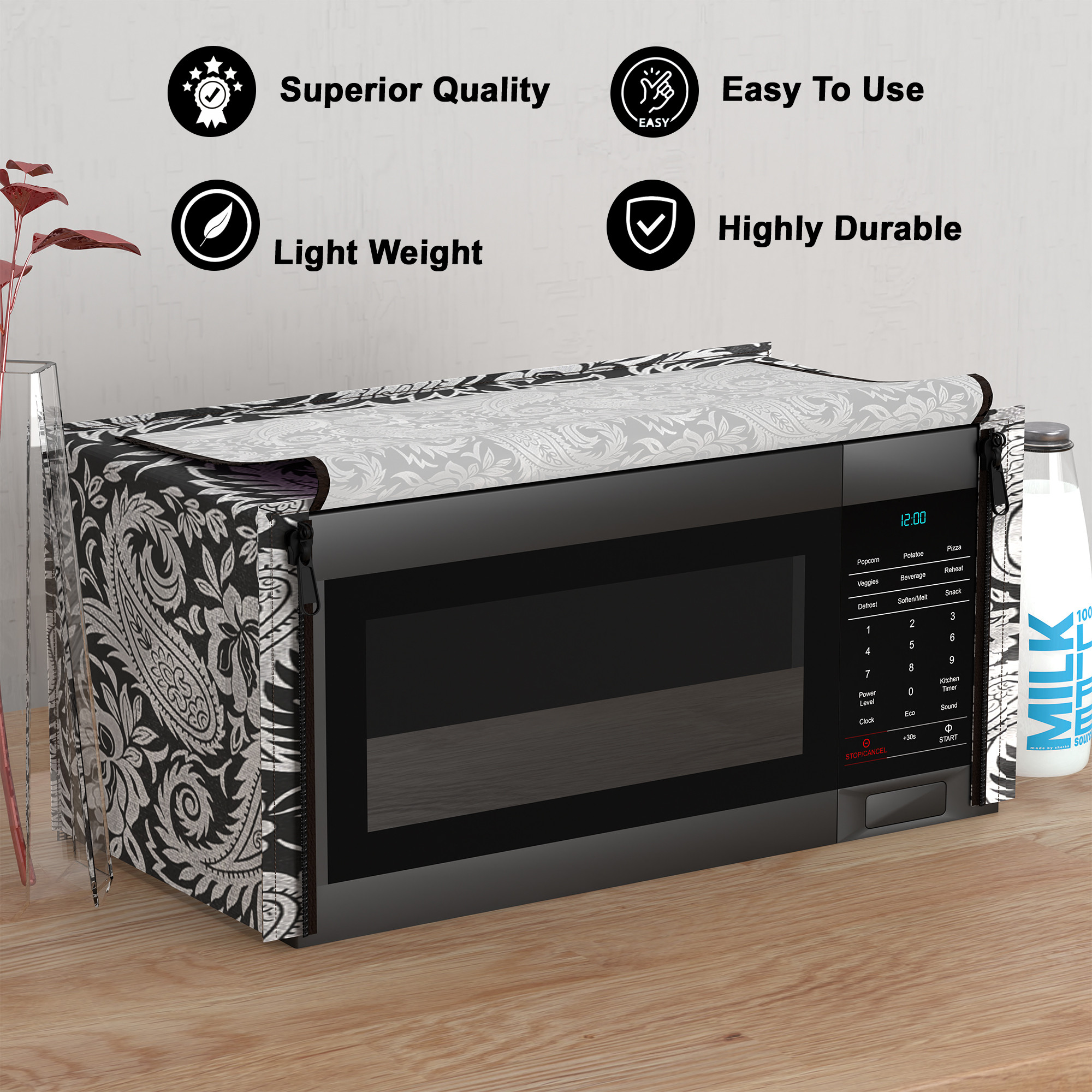 Kuber Industries 20L PVC Dustproof  Spill Resistant Microwave Cover with Ventillation Mesh  Durable Convection  Oven OTG CoversAccessories for Home Decor  Carry Floral-BlackSilver