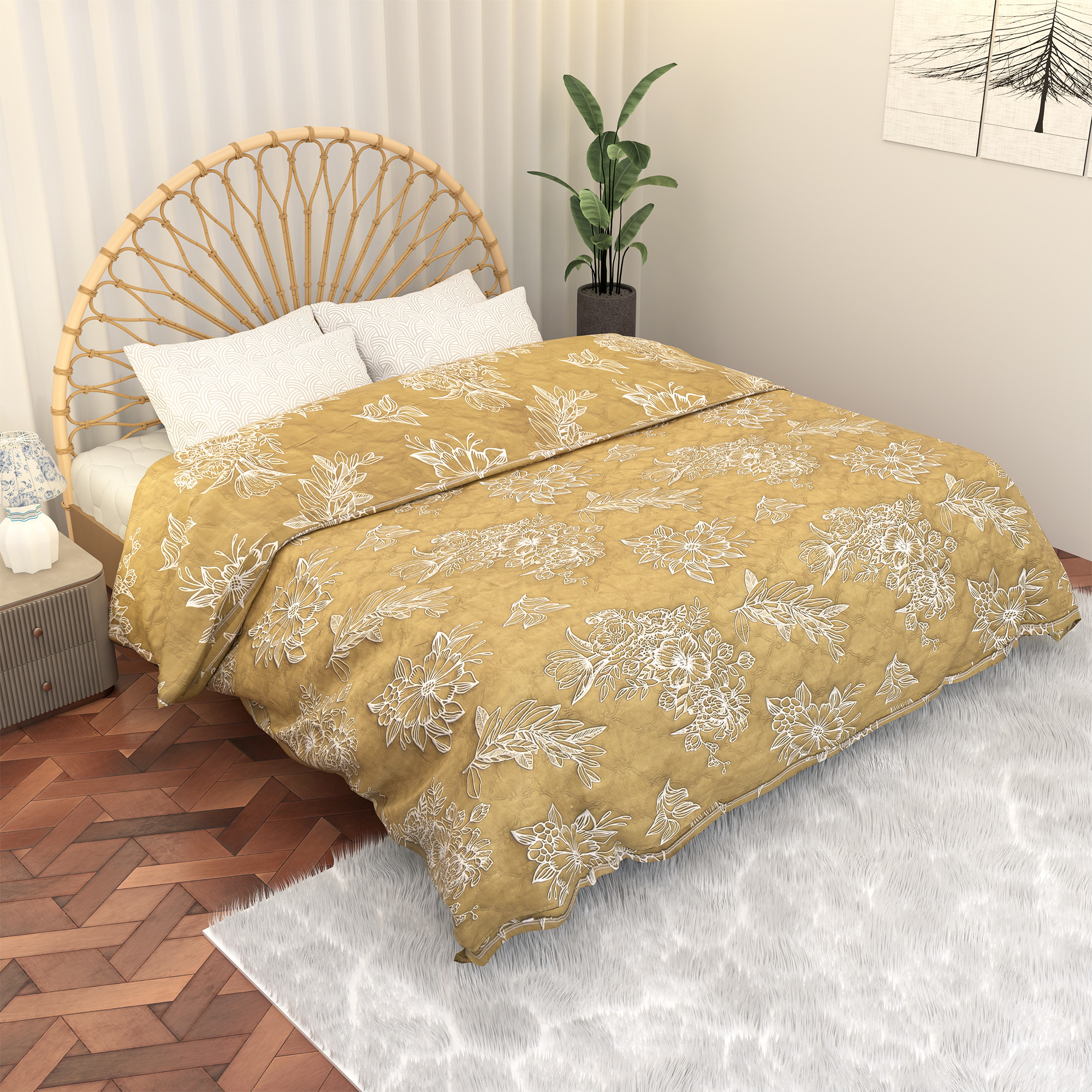 Kuber Industries 220 GSM Microfiber Reversible Fluffy AC Comforter Double Bed  All Weather Warm  Soft Quilt  Beautifully Crafted RazaiDuvet  Kambal for Winters  Floral - Biege