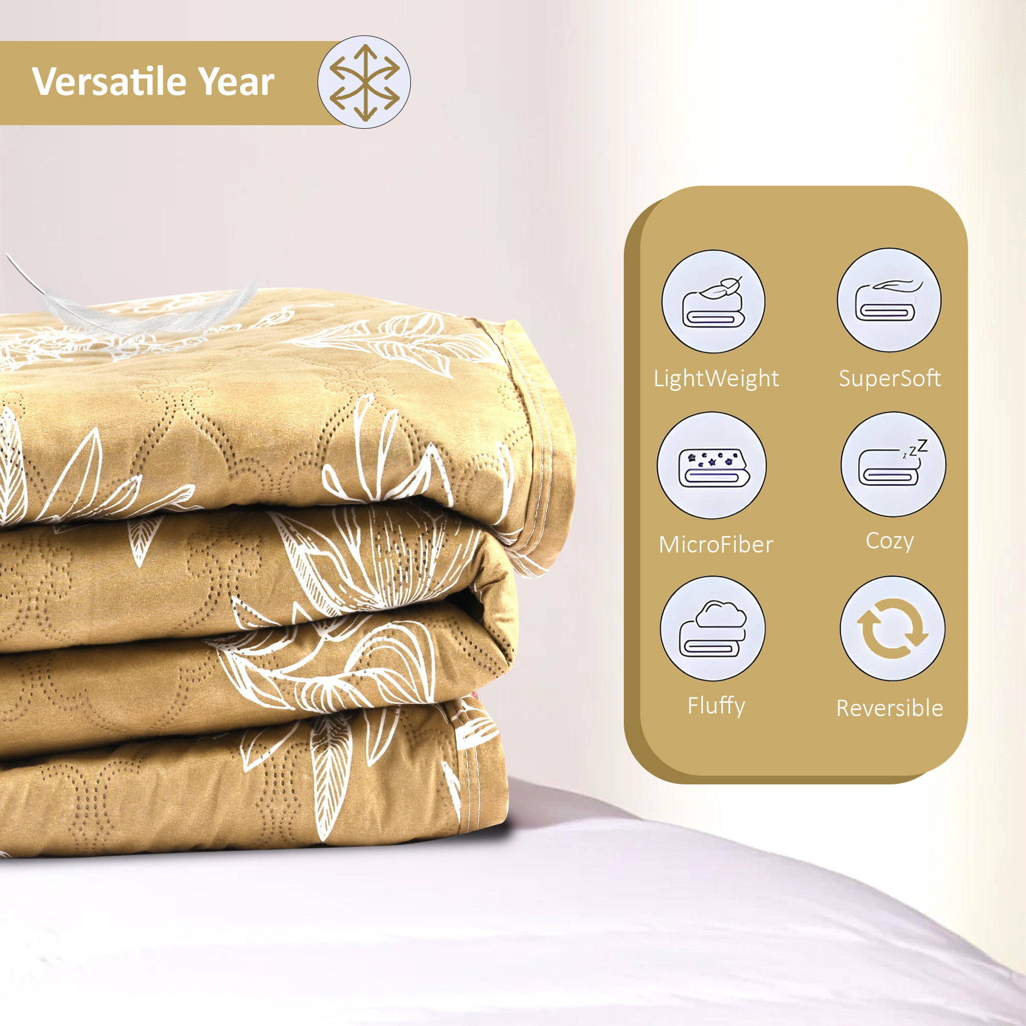 Kuber Industries 220 GSM Microfiber Reversible Fluffy AC Comforter Double Bed  All Weather Warm  Soft Quilt  Beautifully Crafted RazaiDuvet  Kambal for Winters  Floral - Biege