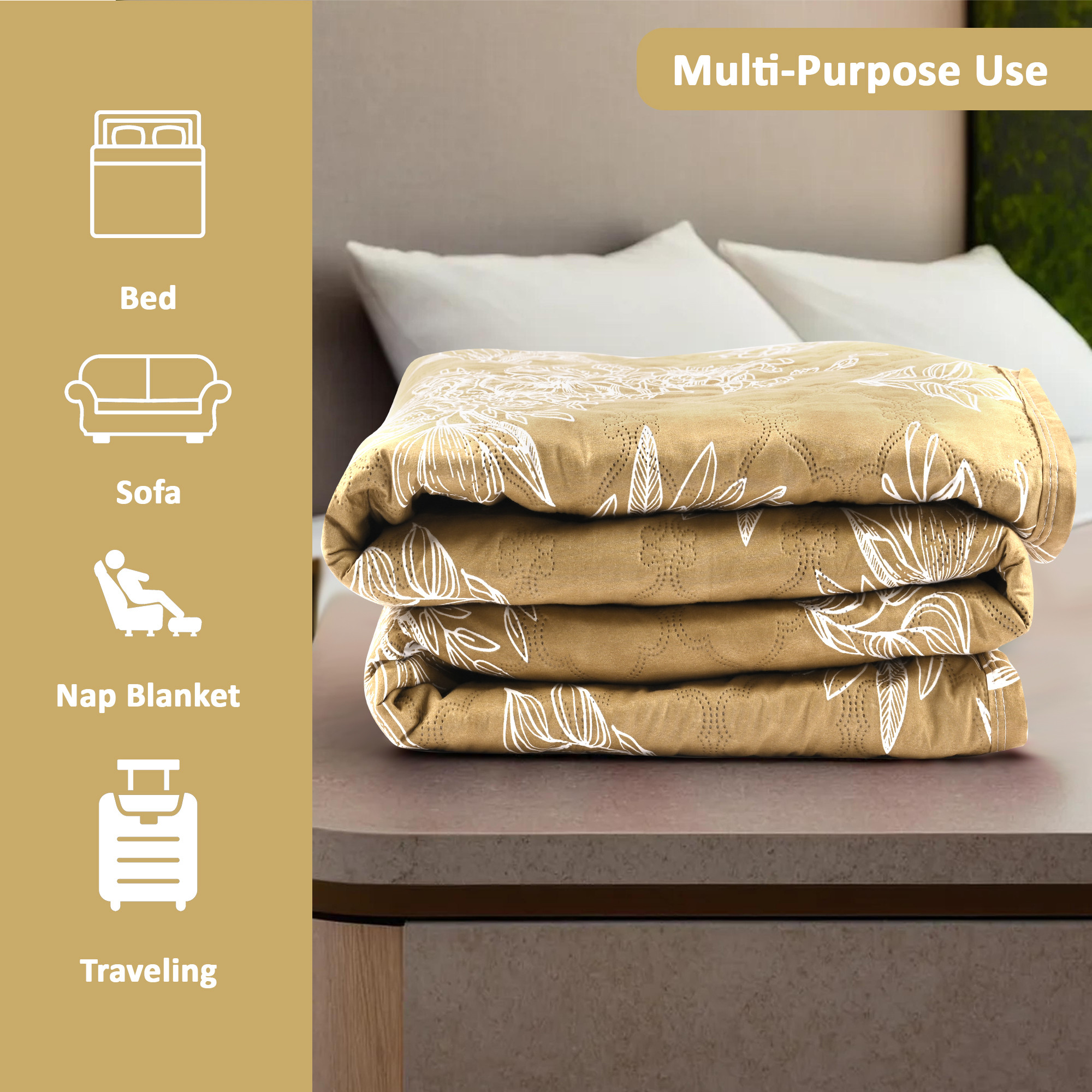 Kuber Industries 220 GSM Microfiber Reversible Fluffy AC Comforter Double Bed  All Weather Warm  Soft Quilt  Beautifully Crafted RazaiDuvet  Kambal for Winters  Floral - Biege