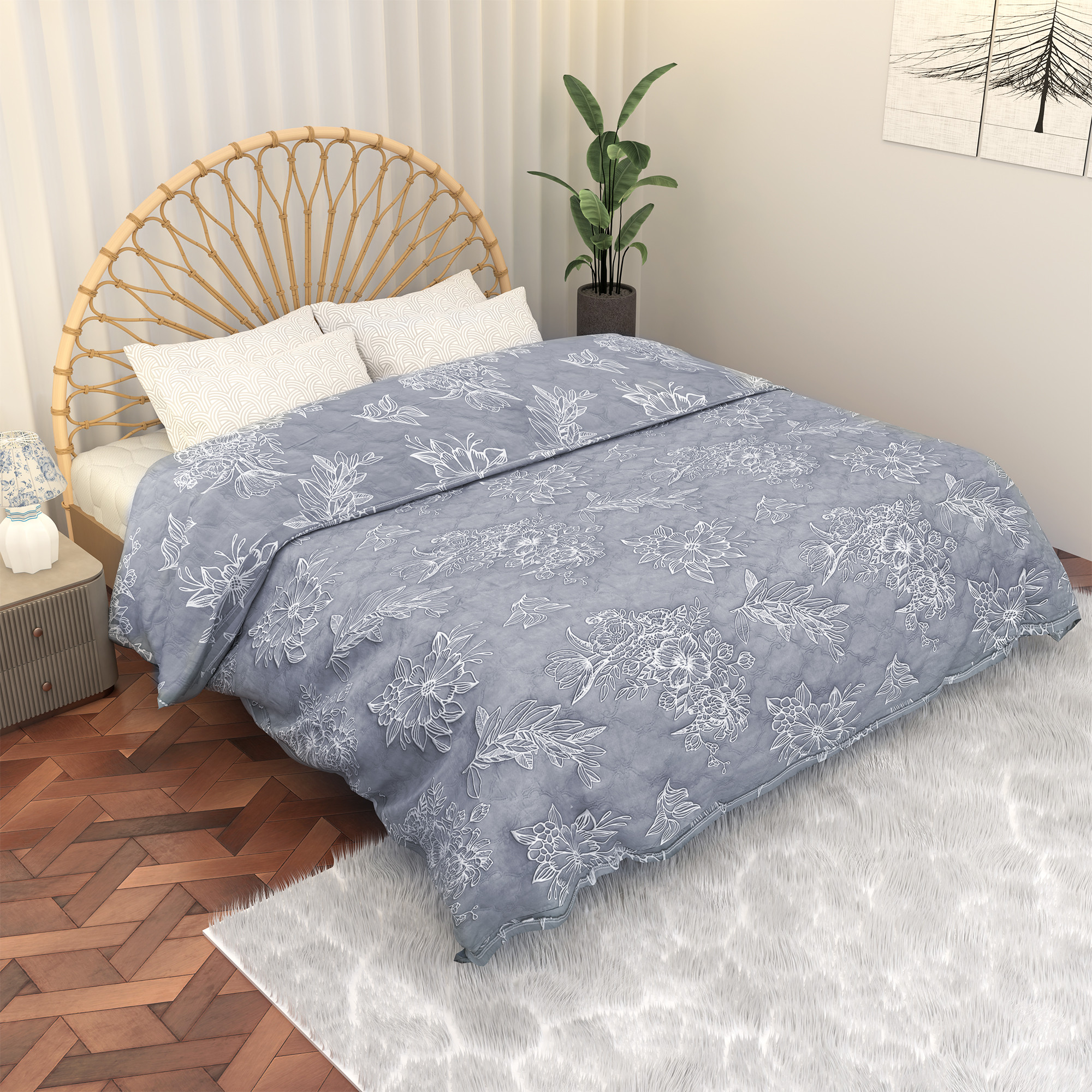 Kuber Industries 220 GSM Microfiber Reversible Fluffy AC Comforter Double Bed  All Weather Warm  Soft Quilt  Beautifully Crafted RazaiDuvet  Kambal for Winters  Floral - Blue