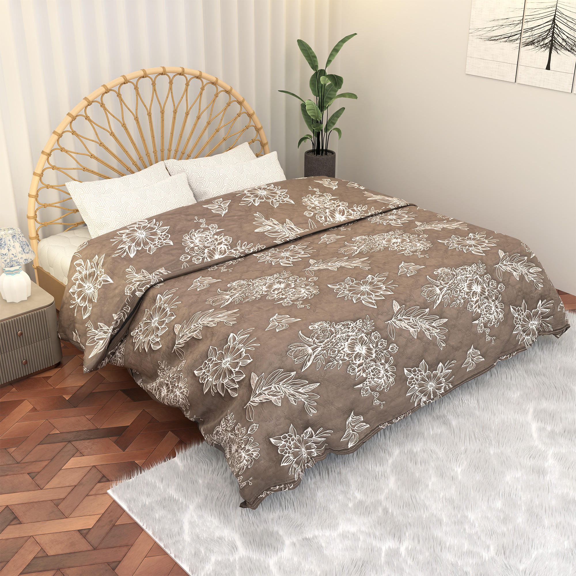 Kuber Industries 220 GSM Microfiber Reversible Fluffy AC Comforter Double Bed  All Weather Warm  Soft Quilt  Beautifully Crafted RazaiDuvet  Kambal for Winters  Floral - Peanut Brown