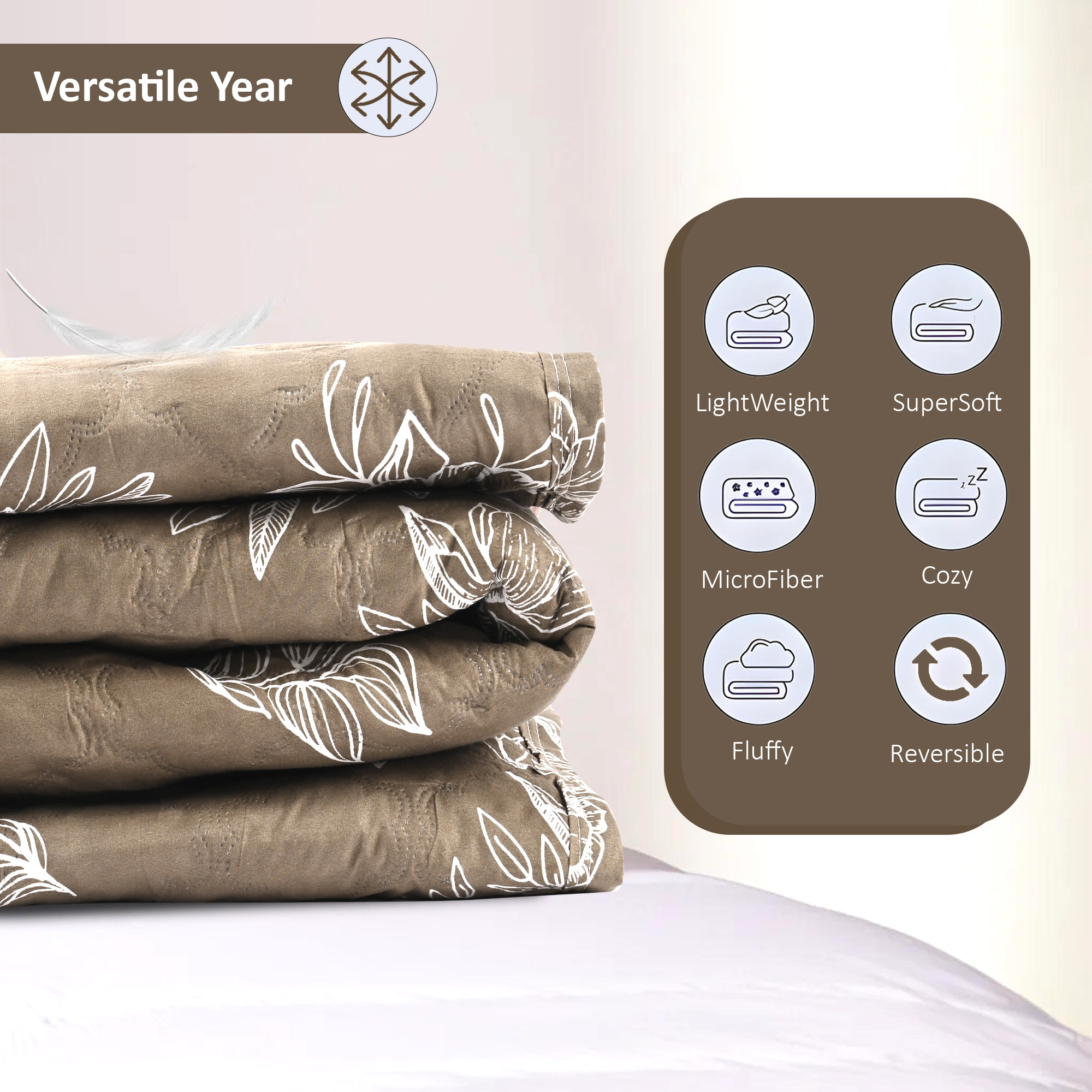 Kuber Industries 220 GSM Microfiber Reversible Fluffy AC Comforter Double Bed  All Weather Warm  Soft Quilt  Beautifully Crafted RazaiDuvet  Kambal for Winters  Floral - Peanut Brown