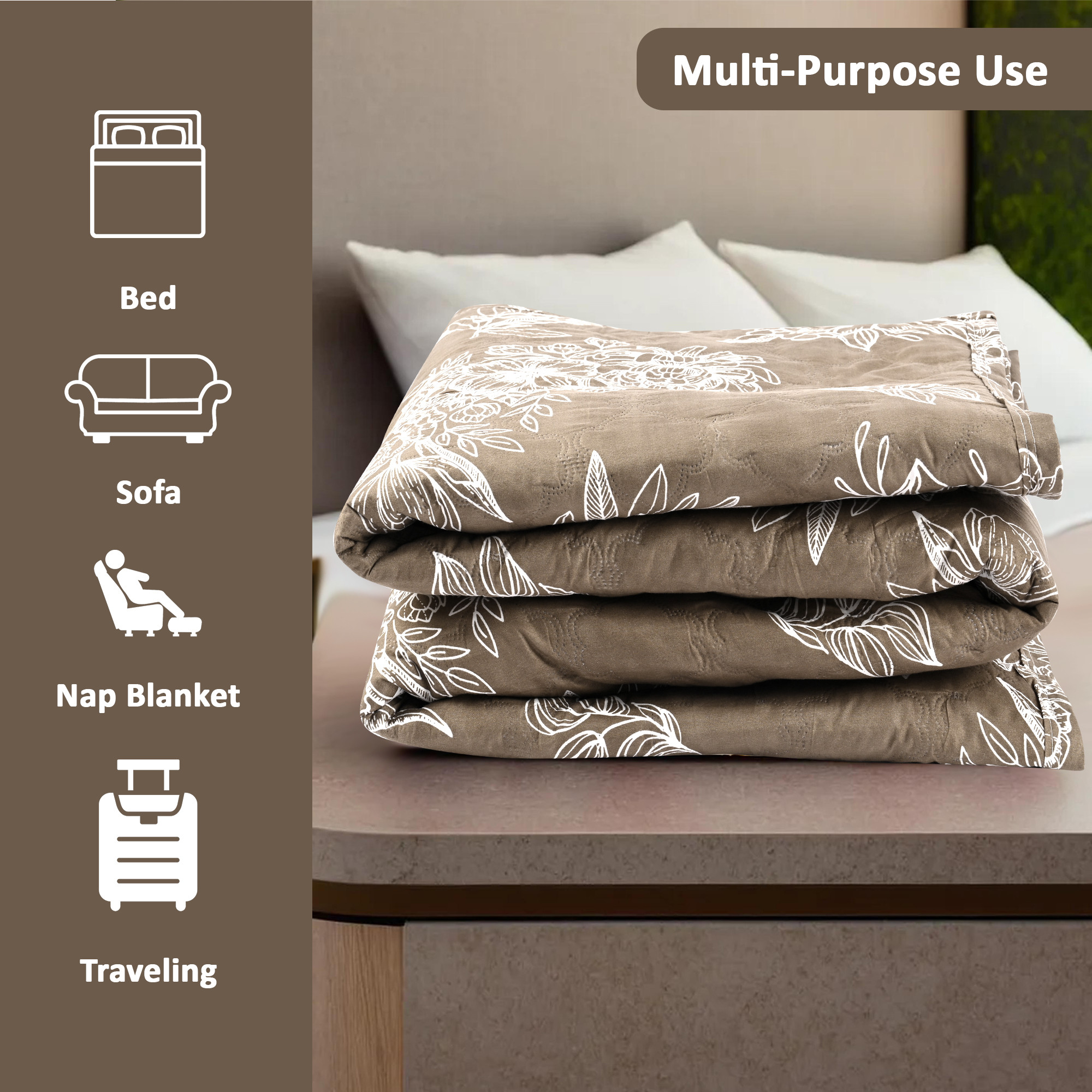 Kuber Industries 220 GSM Microfiber Reversible Fluffy AC Comforter Double Bed  All Weather Warm  Soft Quilt  Beautifully Crafted RazaiDuvet  Kambal for Winters  Floral - Peanut Brown