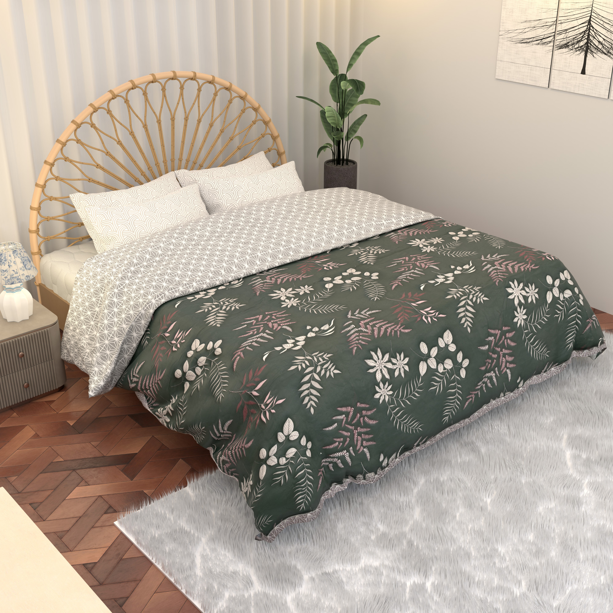 Kuber Industries 220 GSM Reversible AC Comforter for Double Bed  All Weather Warm  Soft Microfiber Quilt  Beautifully Crafted Razai Duvet  Kambal for Home  Leaf Print-White