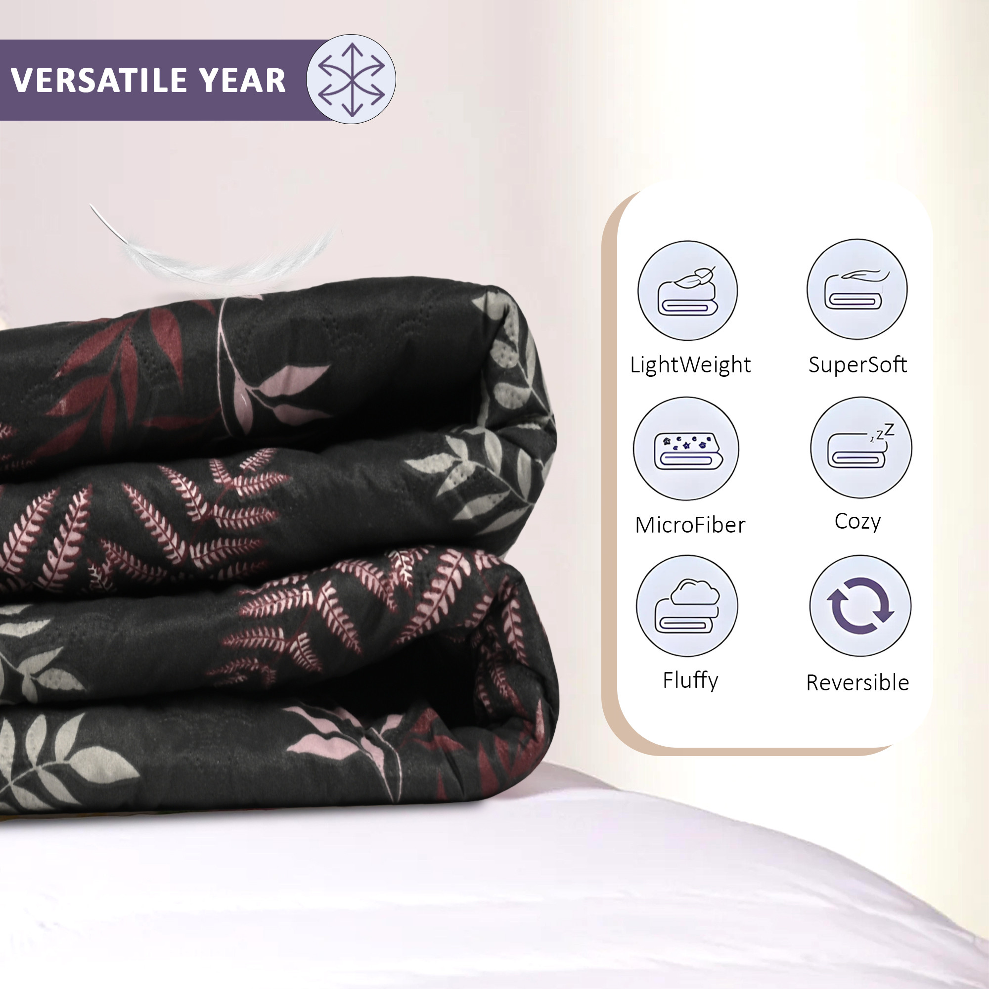 Kuber Industries 220 GSM Reversible AC Comforter for Double Bed  All Weather Warm  Soft Microfiber Quilt  Beautifully Crafted Razai Duvet  Kambal for Home  Leaf Print-White