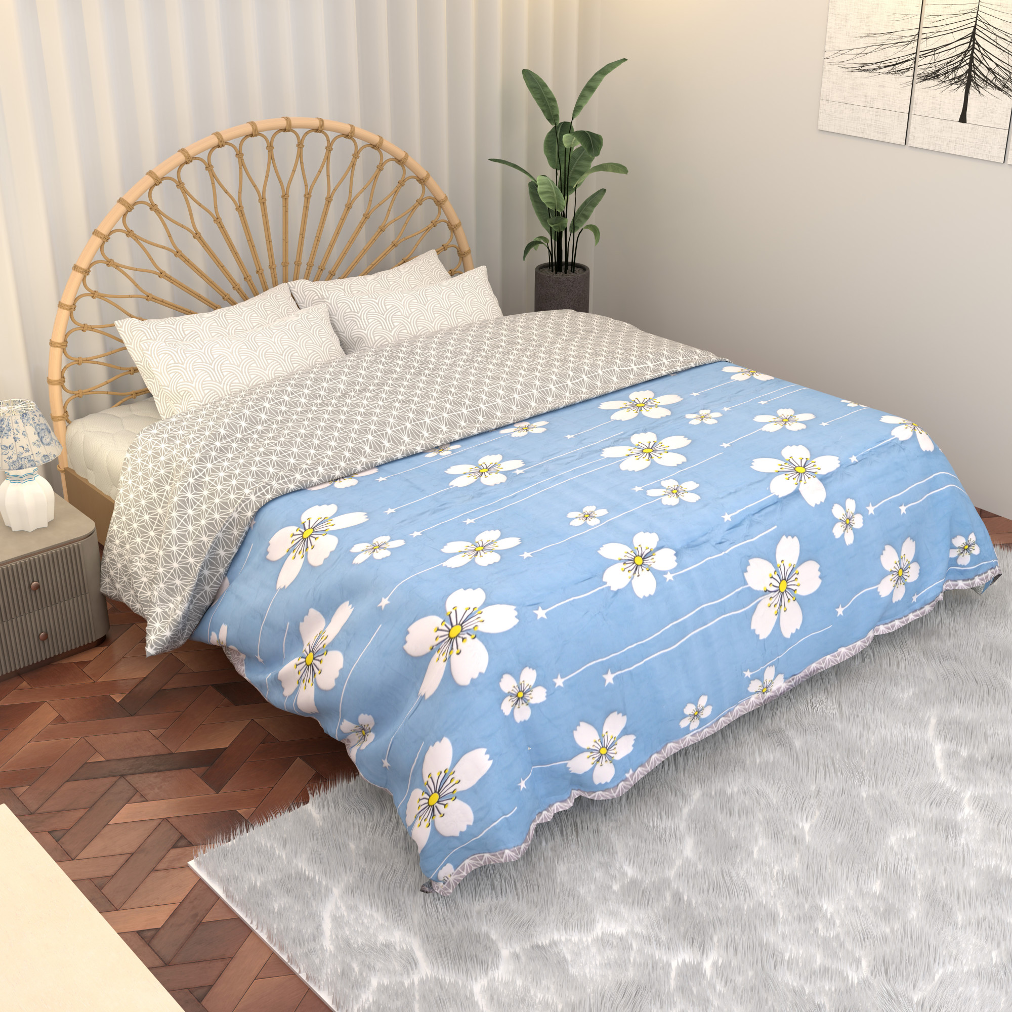Kuber Industries 220 GSM Reversible AC Comforter for Double Bed  All Weather Warm  Soft Microfiber Quilt  Beautifully Crafted Razai Duvet  Kambal for Home  Flower -Blue