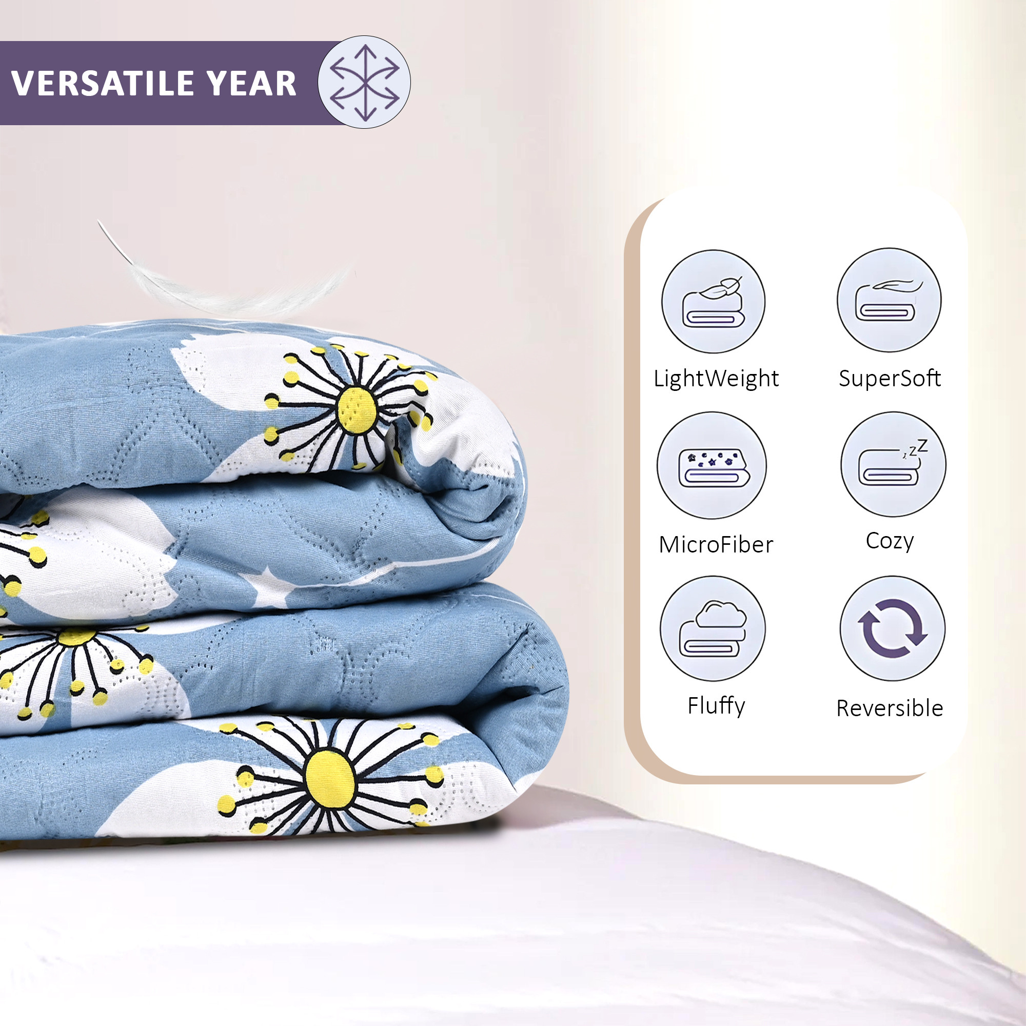 Kuber Industries 220 GSM Reversible AC Comforter for Double Bed  All Weather Warm  Soft Microfiber Quilt  Beautifully Crafted Razai Duvet  Kambal for Home  Flower -Blue