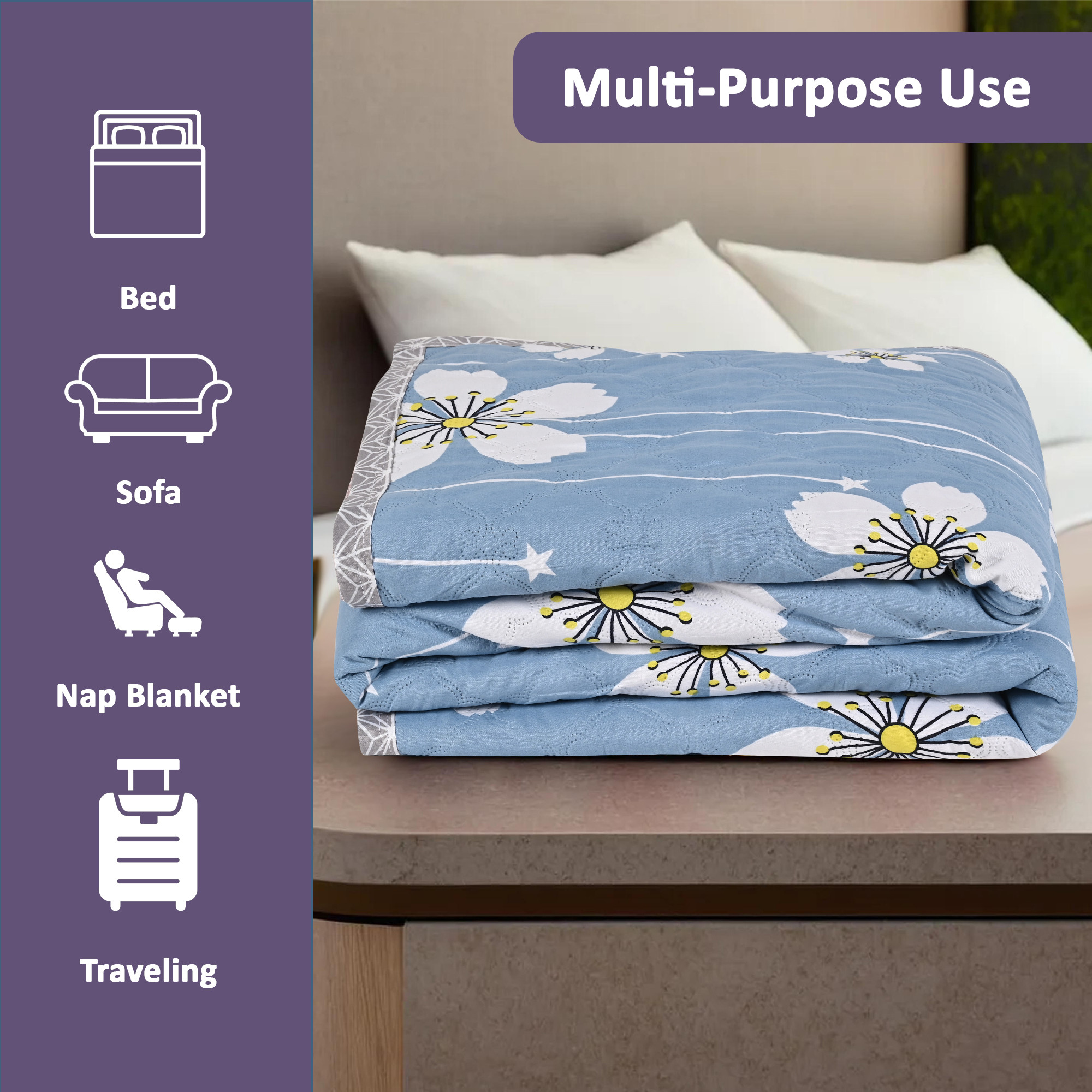 Kuber Industries 220 GSM Reversible AC Comforter for Double Bed  All Weather Warm  Soft Microfiber Quilt  Beautifully Crafted Razai Duvet  Kambal for Home  Flower -Blue