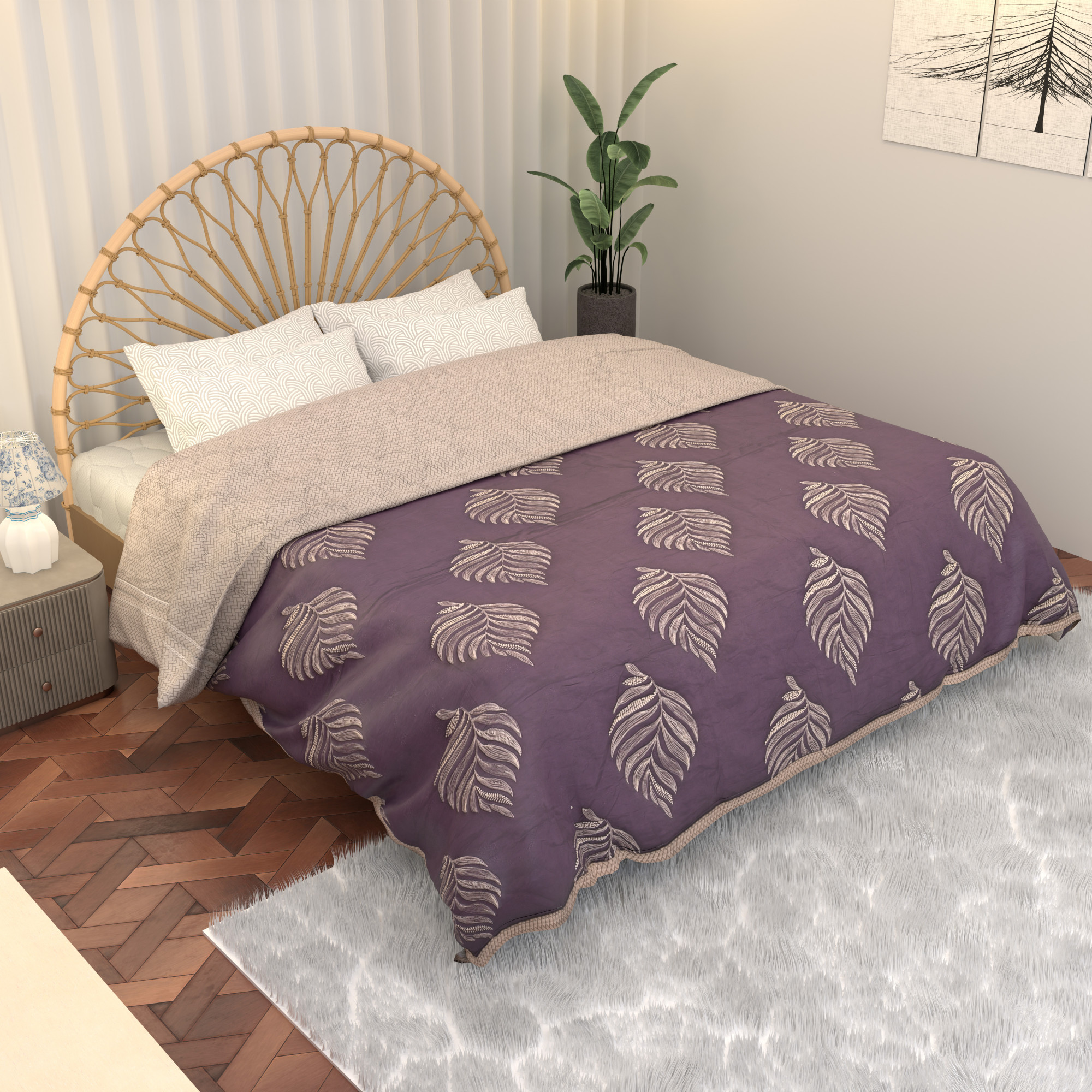 Kuber Industries 220 GSM Reversible AC Comforter for Double Bed  All Weather Warm  Soft Microfiber Quilt  Beautifully Crafted Razai Duvet  Kambal for Home  Gold feather -Purple