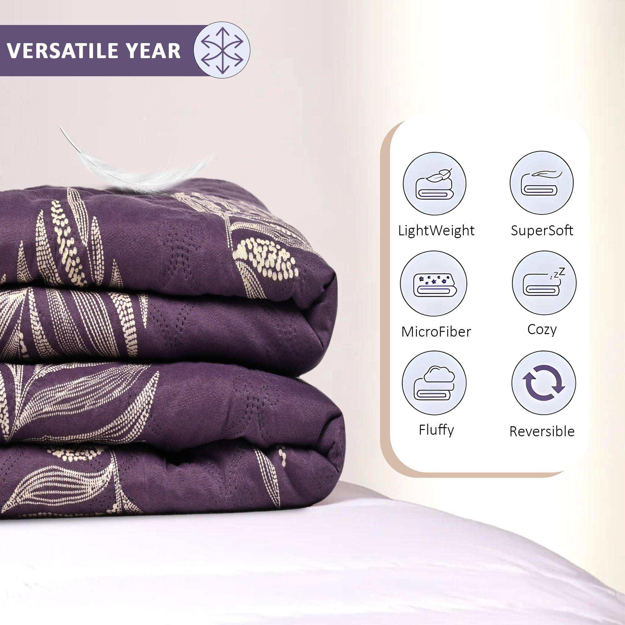 Kuber Industries 220 GSM Reversible AC Comforter for Double Bed  All Weather Warm  Soft Microfiber Quilt  Beautifully Crafted Razai Duvet  Kambal for Home  Gold feather -Purple