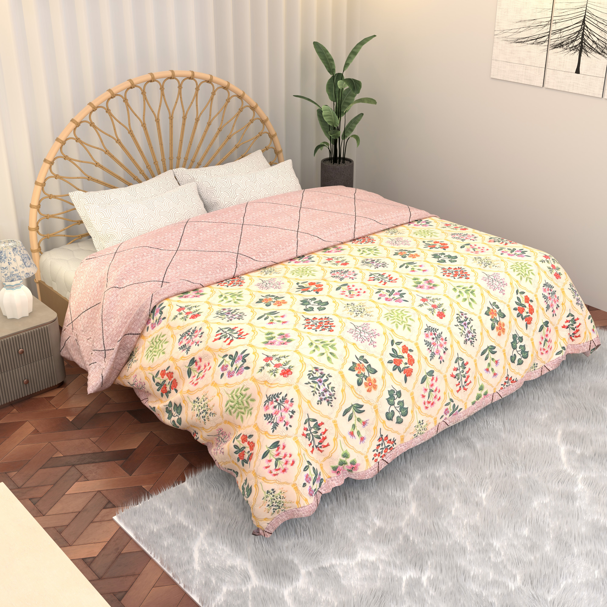 Kuber Industries 220 GSM Reversible AC Comforter for Double Bed  All Weather Warm  Soft Microfiber Quilt  Beautifully Crafted Razai Duvet  Kambal for Home  Floral -Beige