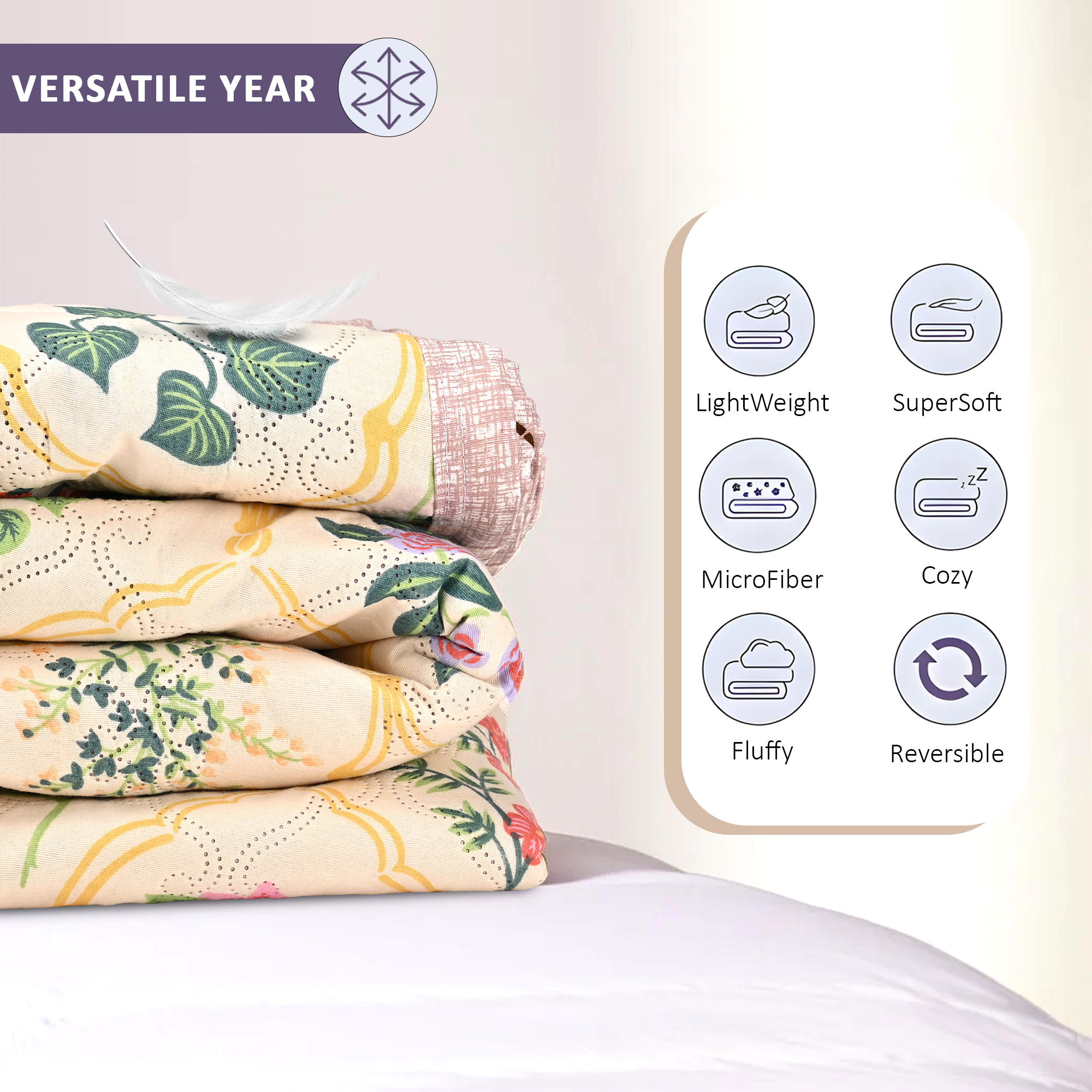 Kuber Industries 220 GSM Reversible AC Comforter for Double Bed  All Weather Warm  Soft Microfiber Quilt  Beautifully Crafted Razai Duvet  Kambal for Home  Floral -Beige