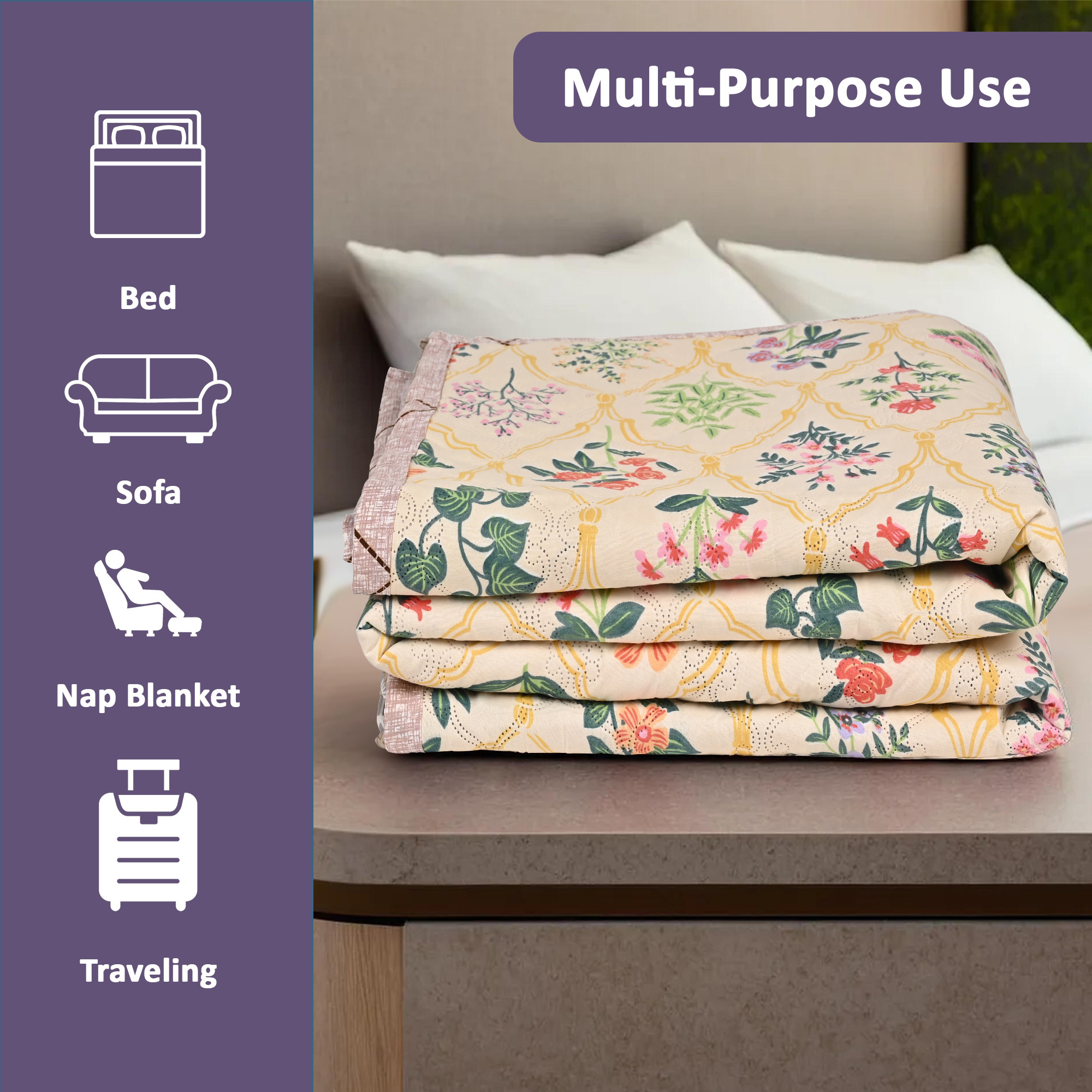 Kuber Industries 220 GSM Reversible AC Comforter for Double Bed  All Weather Warm  Soft Microfiber Quilt  Beautifully Crafted Razai Duvet  Kambal for Home  Floral -Beige