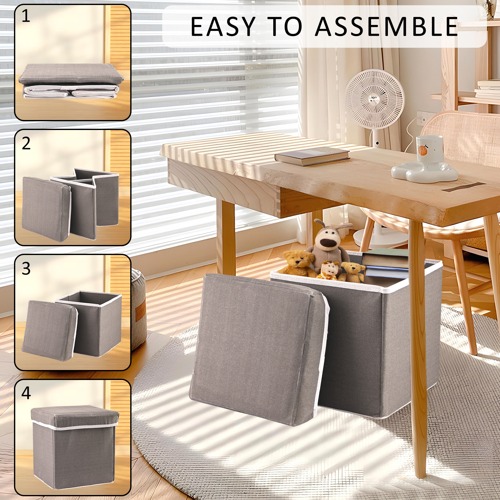 Kuber Industries 22L Folding Seating Stool  Sitting Stool for Living Room  Bedroom  Storage Stool for Footrest Dressing Table  Sofa Stool And Bedside Table with Storage  Grey