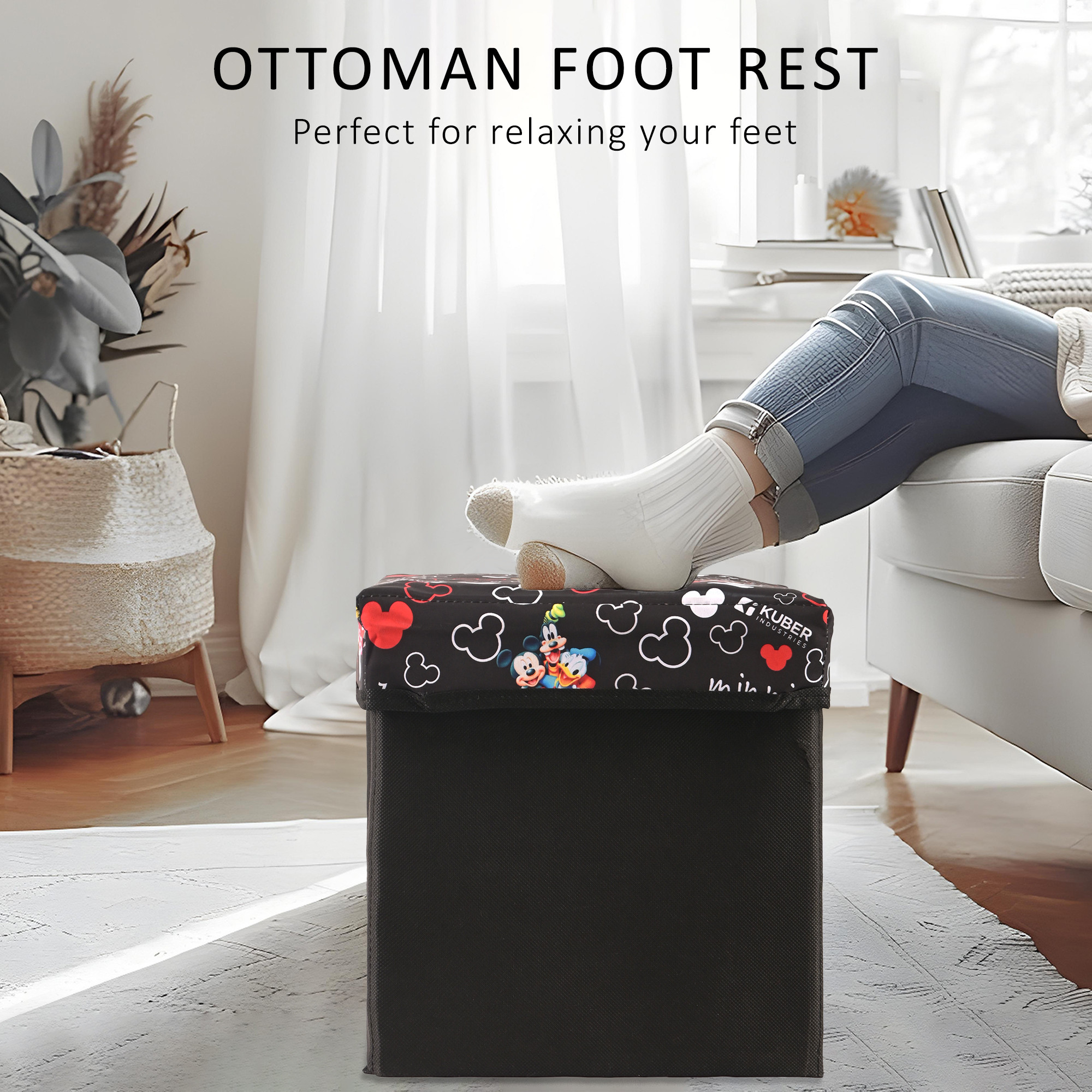 Kuber Industries 22L Folding Seating Stool  Sitting Stool for Living Room  Bedroom  Storage Stool for Footrest Dressing Table  Sofa Stool And Bedside Table with Storage  Disney Team  Black