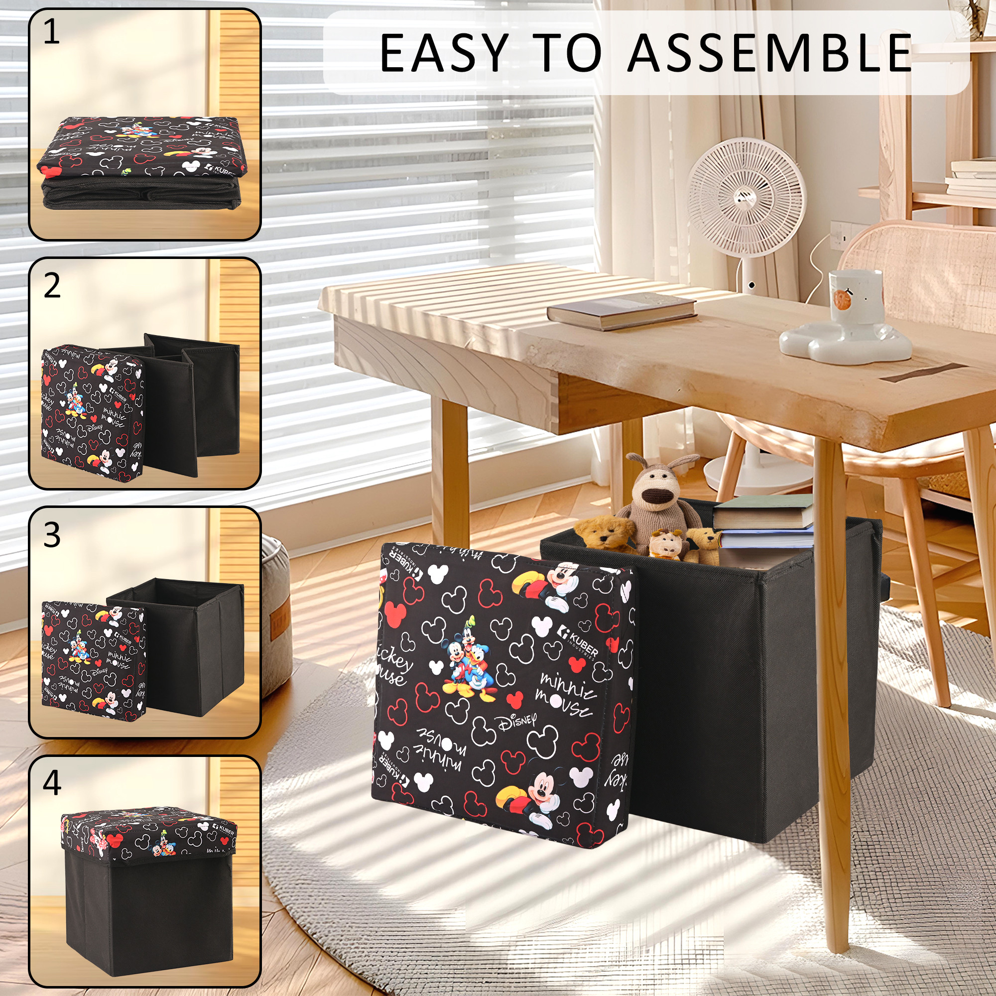 Kuber Industries 22L Folding Seating Stool  Sitting Stool for Living Room  Bedroom  Storage Stool for Footrest Dressing Table  Sofa Stool And Bedside Table with Storage  Disney Team  Black