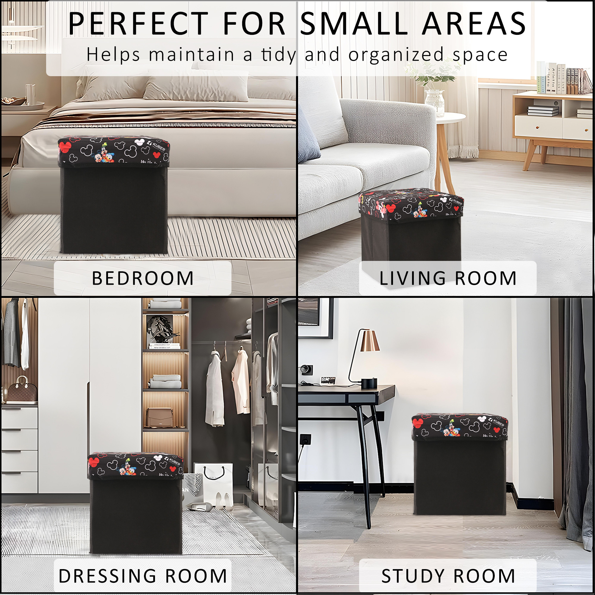 Kuber Industries 22L Folding Seating Stool  Sitting Stool for Living Room  Bedroom  Storage Stool for Footrest Dressing Table  Sofa Stool And Bedside Table with Storage  Disney Team  Black