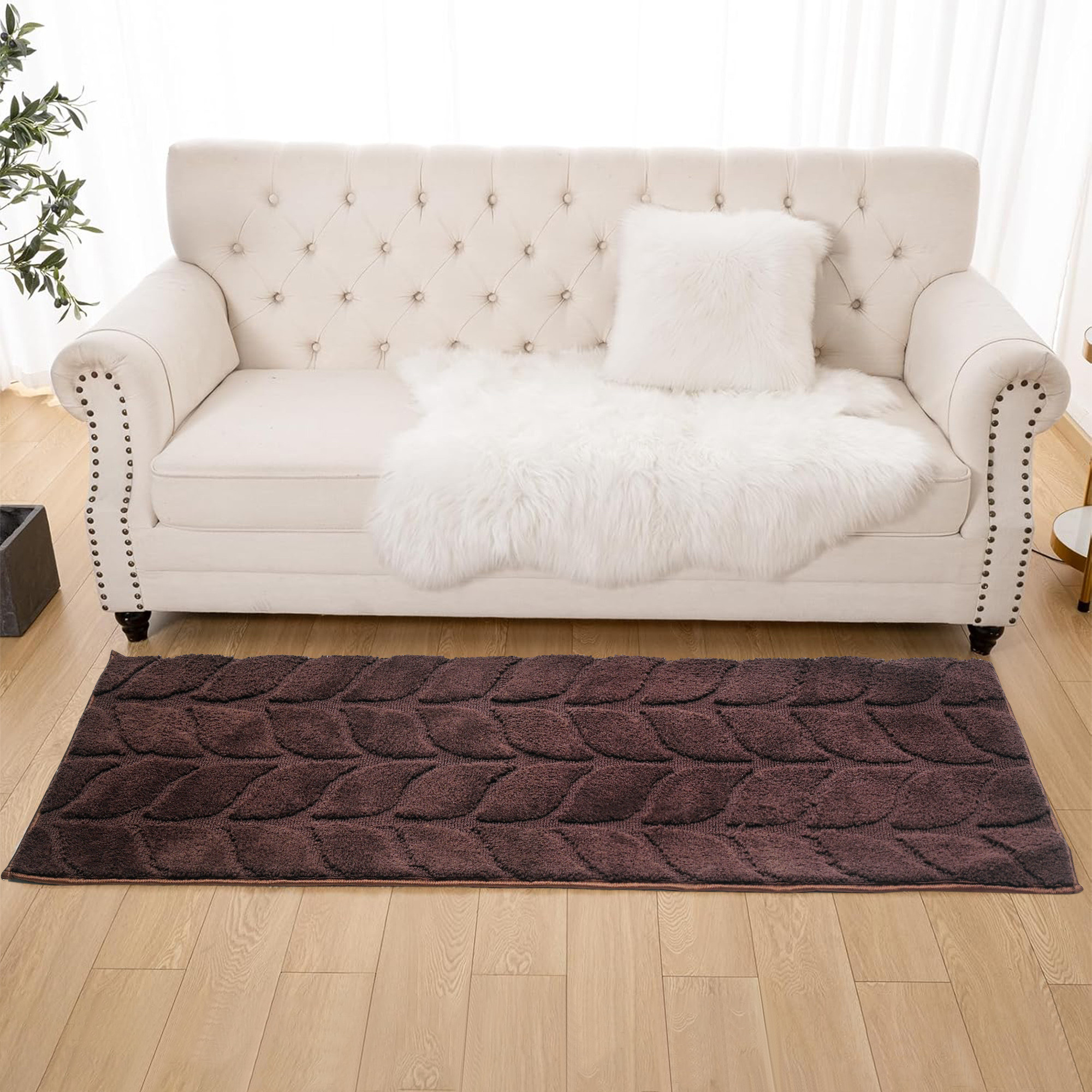 Kuber Industries 22x55 Inch Anti-Skid Microfibre Bed Side Runner for Bedroom  Gentle  Soft Rugs for Living Area  Long Kitchen Runner for Floor  Leaf Design - Brown