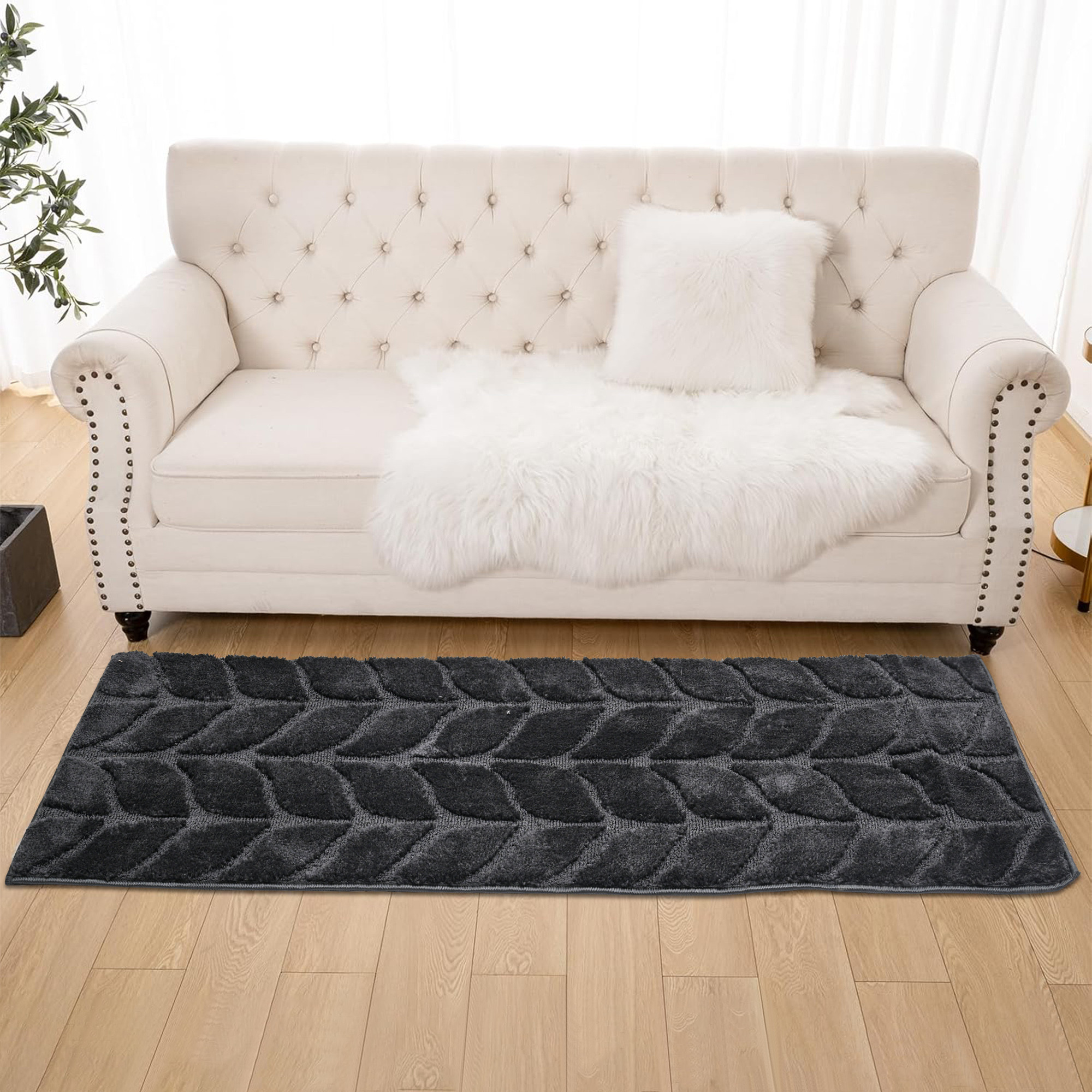 Kuber Industries 22x55 Inch Anti-Skid Microfibre Bed Side Runner for Bedroom  Gentle  Soft Rugs for Living Area  Long Kitchen Runner for Floor  Leaf Design - Grey