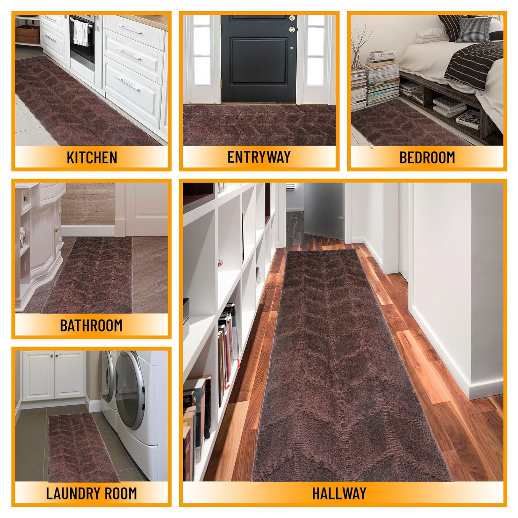 Kuber Industries 22x55 Inch Anti-Skid Microfibre Bed Side Runner for Bedroom  Gentle  Soft Rugs for Living Area  Long Kitchen Runner for Floor  Leaf Design - Brown