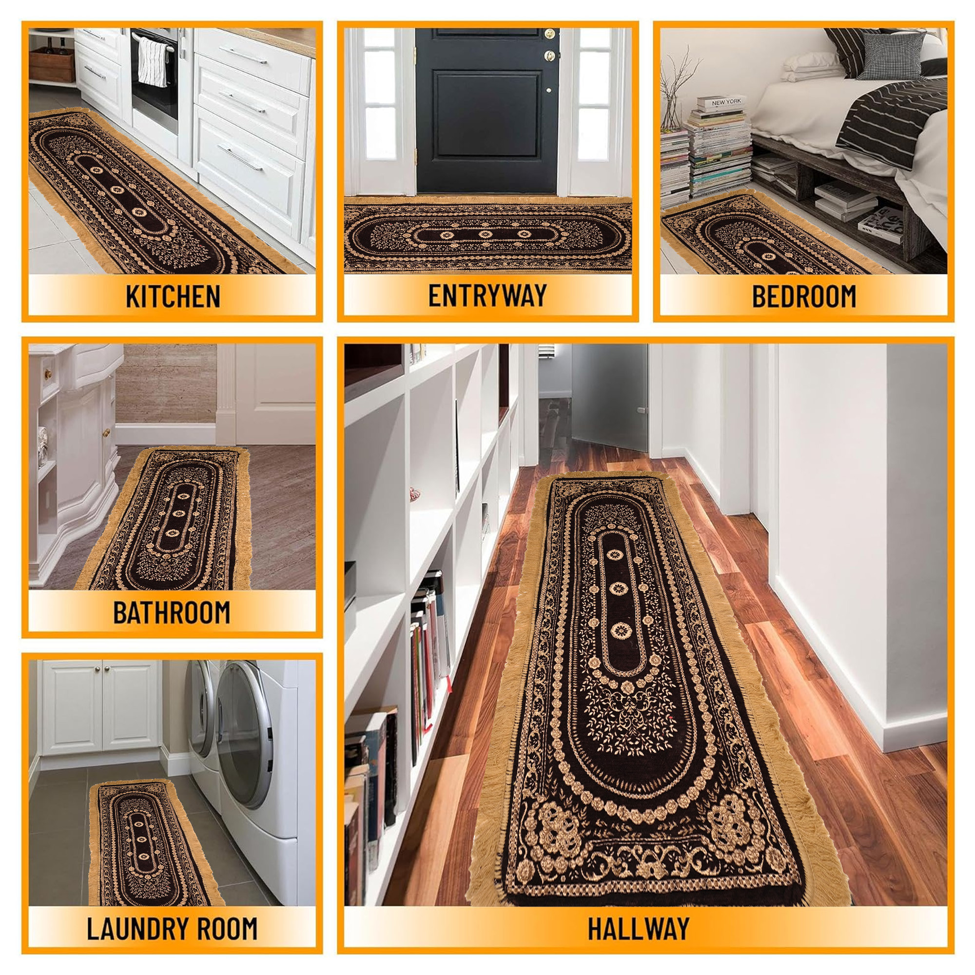 Kuber Industries 22x60 Inch Runner for Bedroom  Living Room  Foldable  Durable Bedside CarpetMat  Kitchen Runner for Floor Home  Office  Gold  Brown