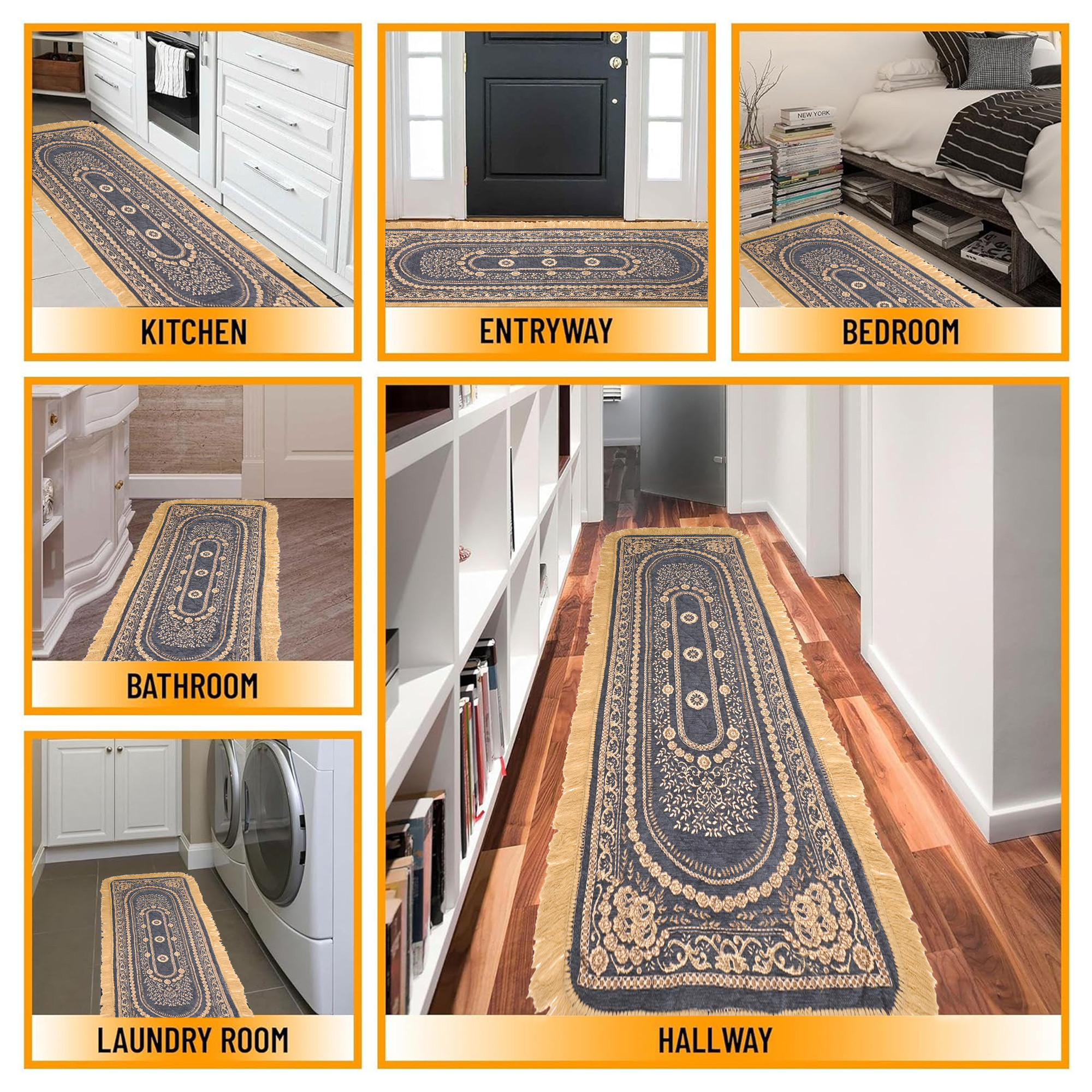 Kuber Industries 22x60 Inch Runner for Bedroom  Living Room  Foldable  Durable Bedside CarpetMat  Kitchen Runner for Floor Home  Office  Gold  Grey