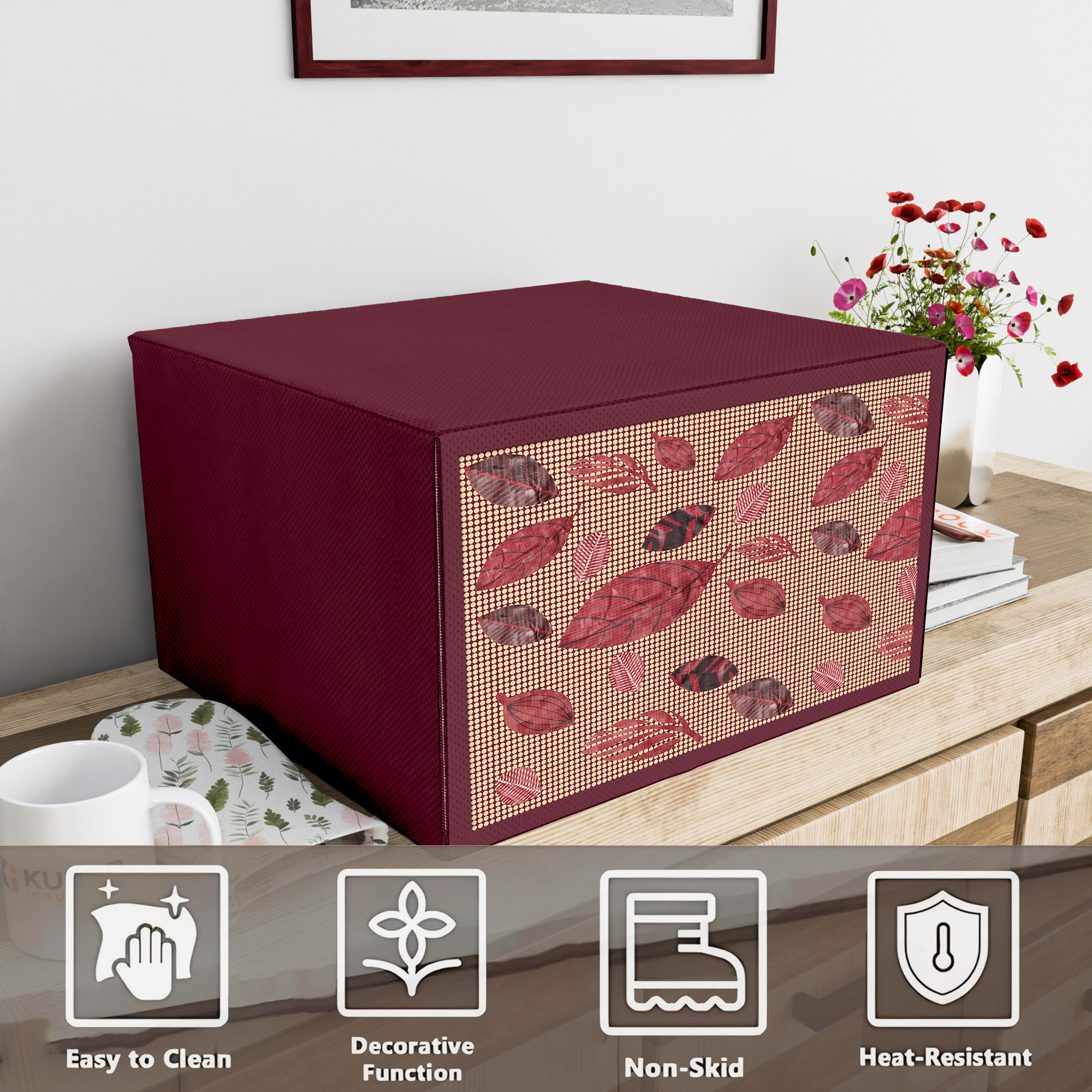 Kuber Industries 23 Ltr Dusproof Full Microwave Cover With Zip  Otg Oven Accessories for Durable  Dustroof Kitchen Decor  Leaf Yellow  Red