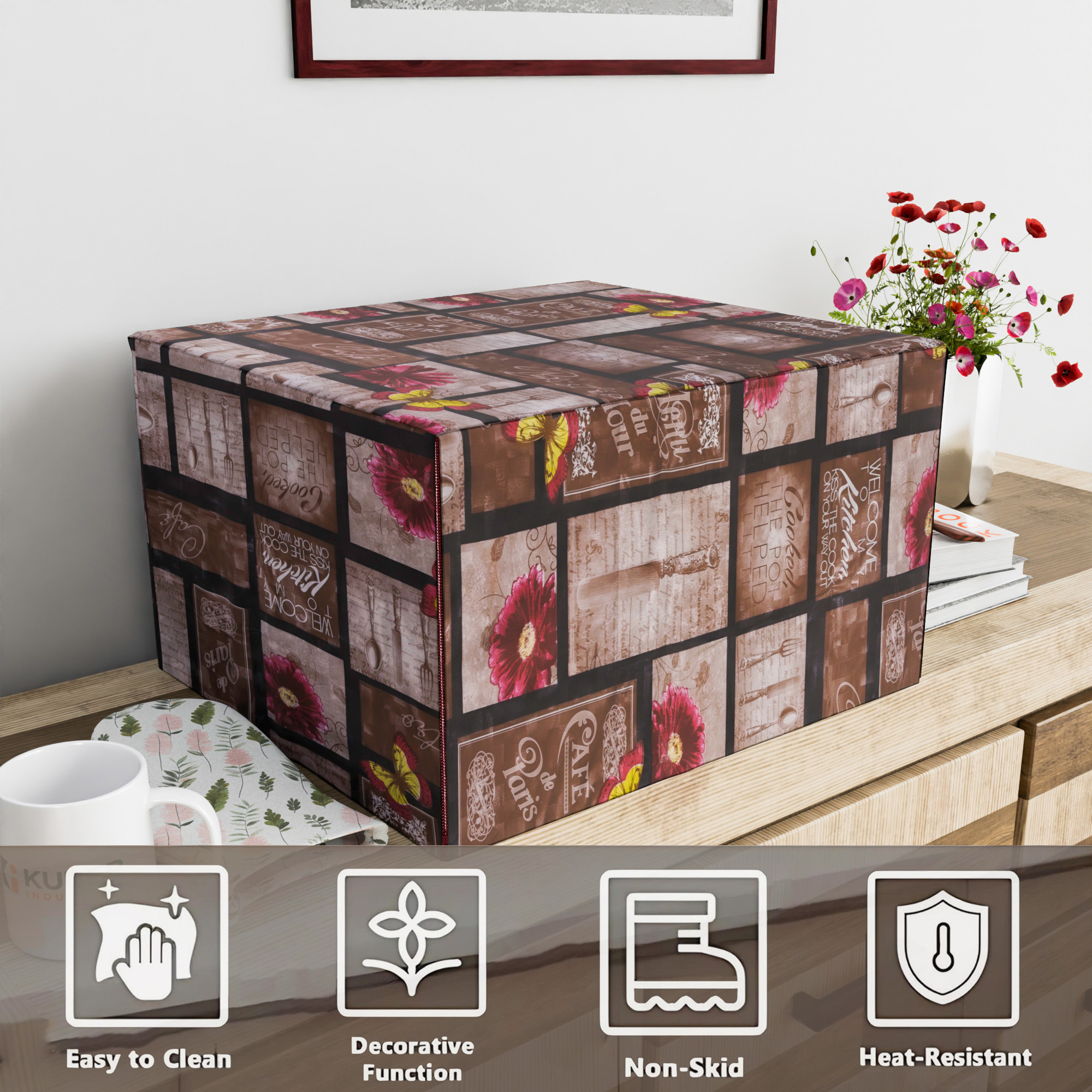 Kuber Industries 23 Ltr Dustproof Full Microwave Cover  Otg Oven Accessories for Durable  Dustroof Kitchen Decor  Flowers Pink  Brown