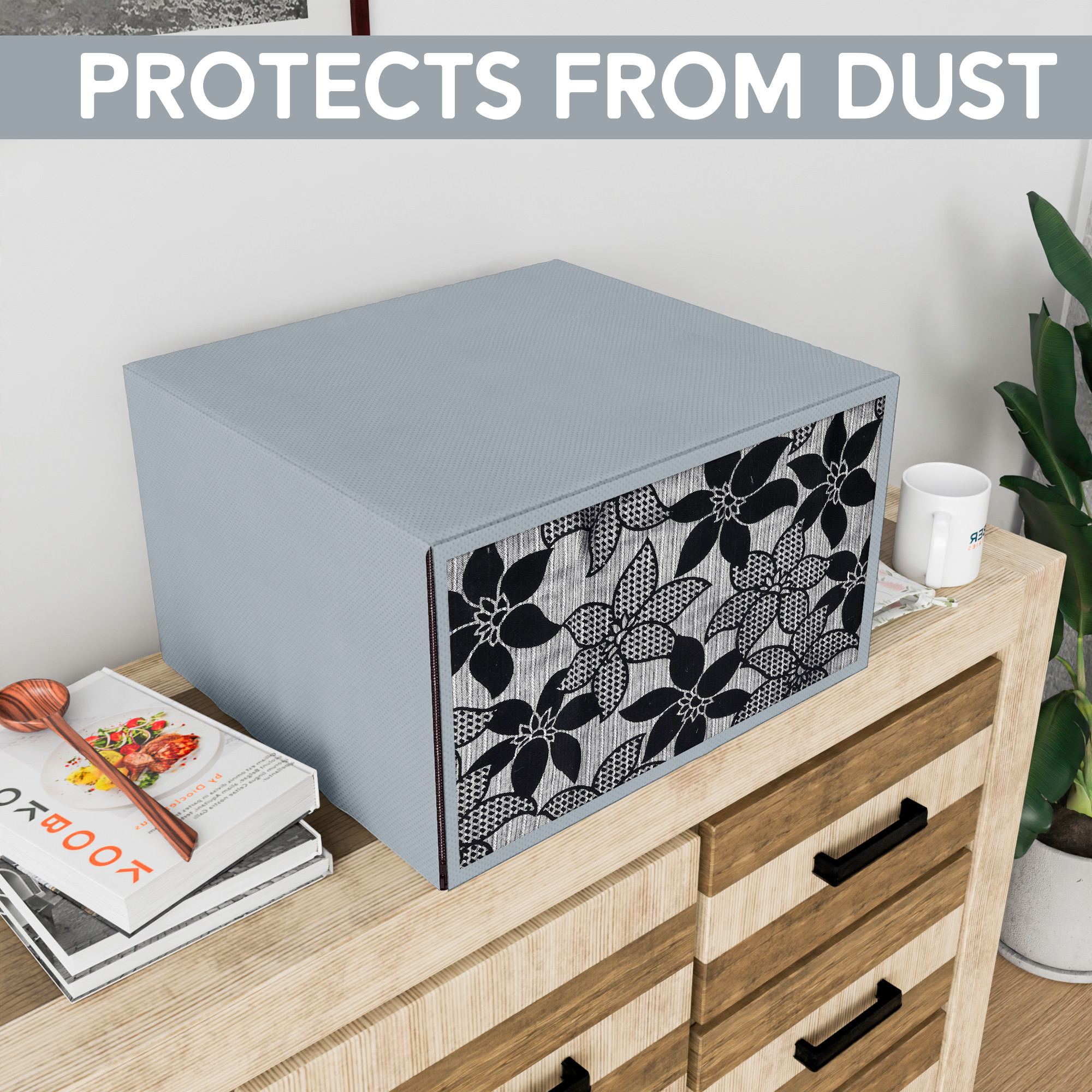 Kuber Industries 23 Ltr Dustproof Full Microwave Cover  Otg Oven Accessories for Durable  Dustroof Kitchen Decor  Flowers Grey Black