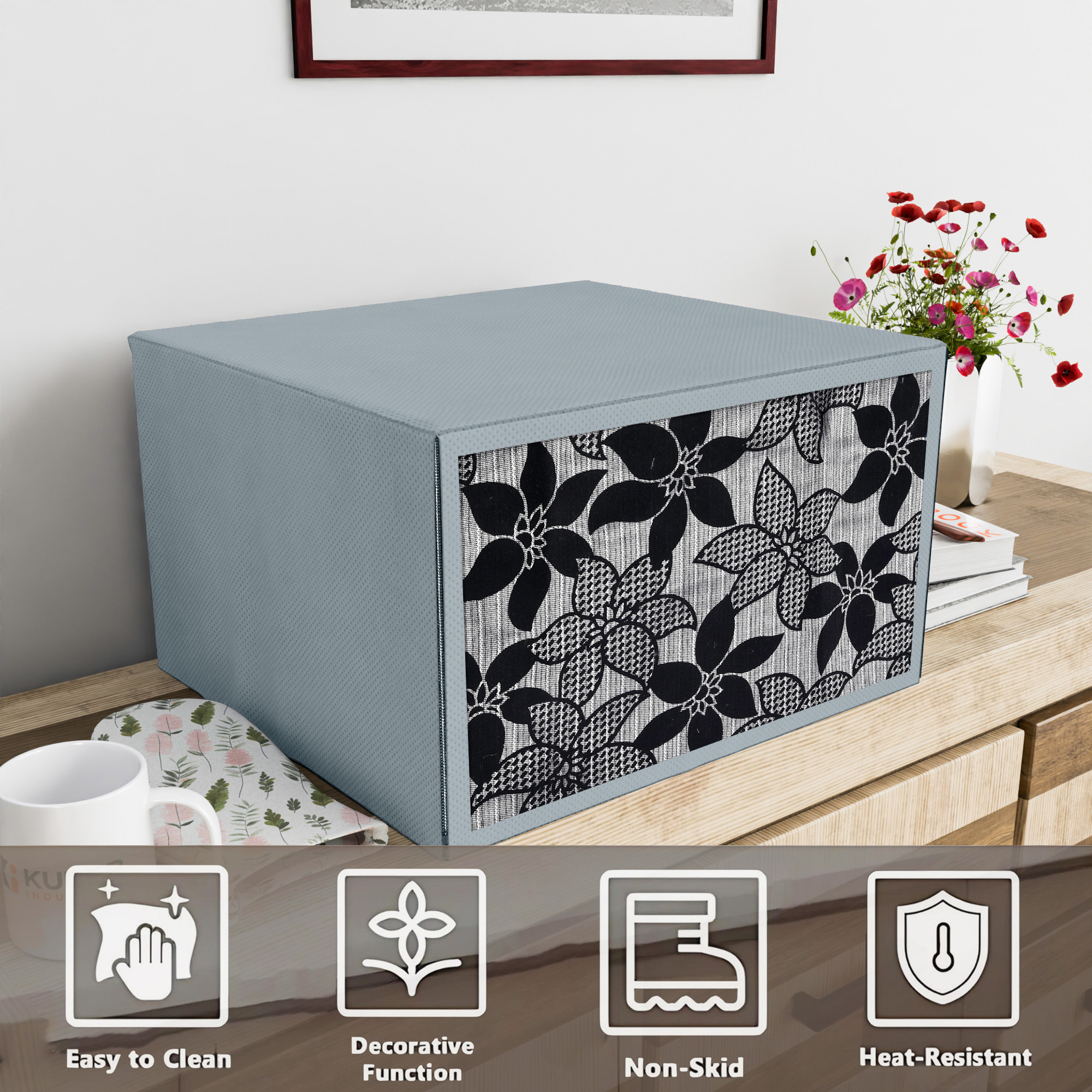 Kuber Industries 23 Ltr Dustproof Full Microwave Cover  Otg Oven Accessories for Durable  Dustroof Kitchen Decor  Flowers Grey Black