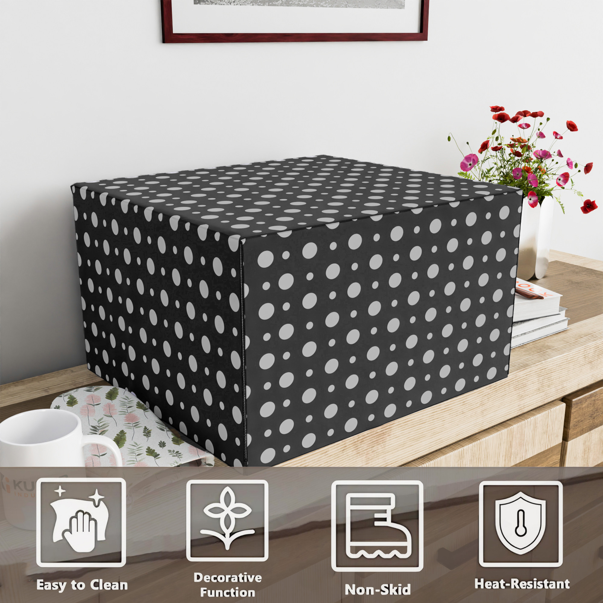 Kuber Industries 23 Ltr Dustproof Full Microwave Cover with Zip  Convection OTG Oven  Accessories Kitchen Decor  Polka Dots - White  Dark Grey