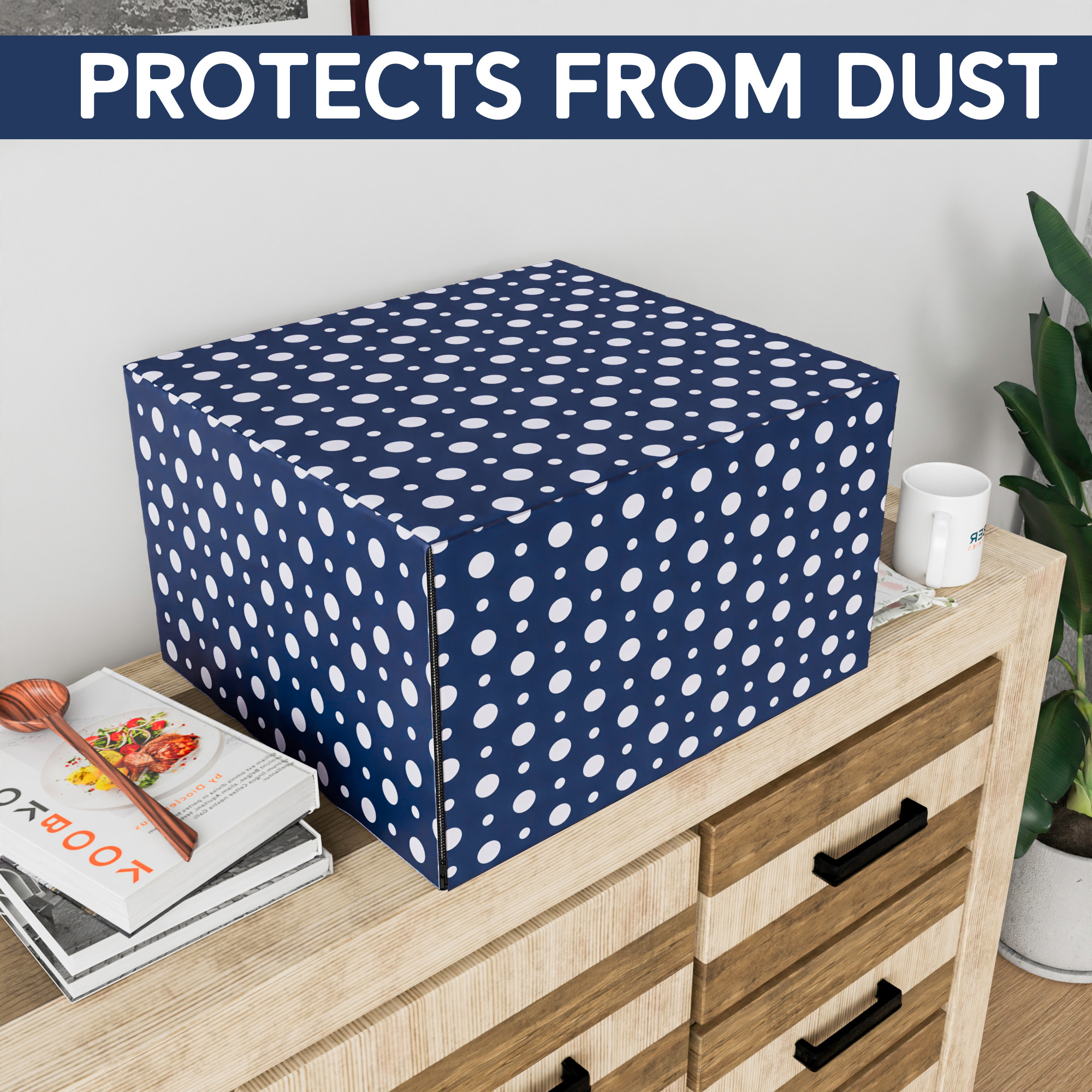 Kuber Industries 23 Ltr Dustproof Full Microwave Cover with Zip  Convection OTG Oven  Accessories Kitchen Decor  Polka Dots - White  Dark Blue