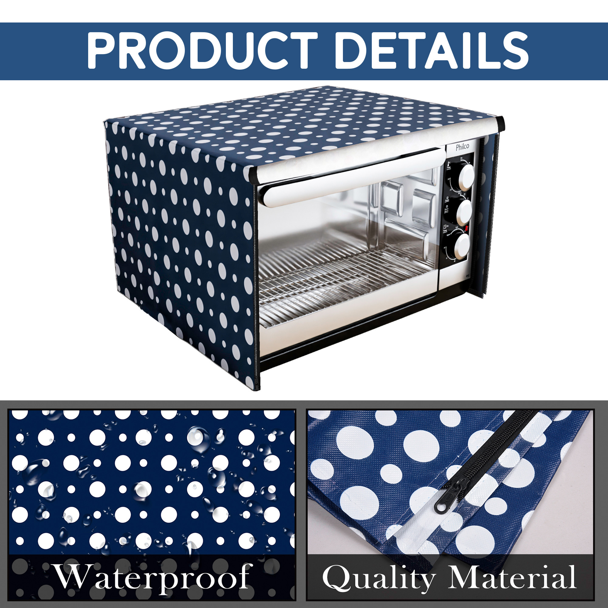 Kuber Industries 23 Ltr Dustproof Full Microwave Cover with Zip  Convection OTG Oven  Accessories Kitchen Decor  Polka Dots - White  Dark Blue