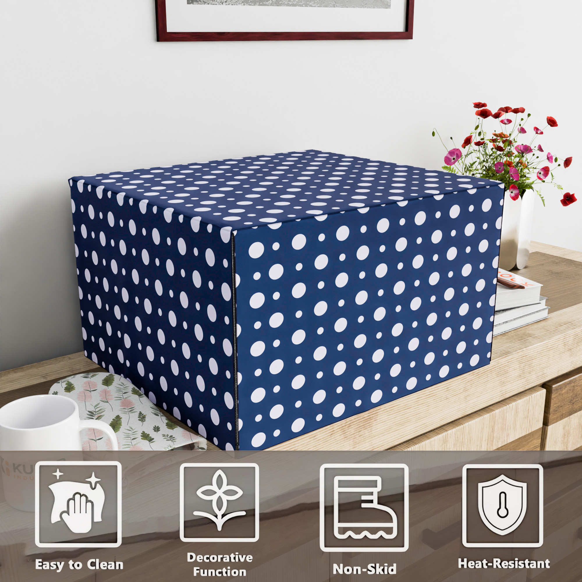 Kuber Industries 23 Ltr Dustproof Full Microwave Cover with Zip  Convection OTG Oven  Accessories Kitchen Decor  Polka Dots - White  Dark Blue