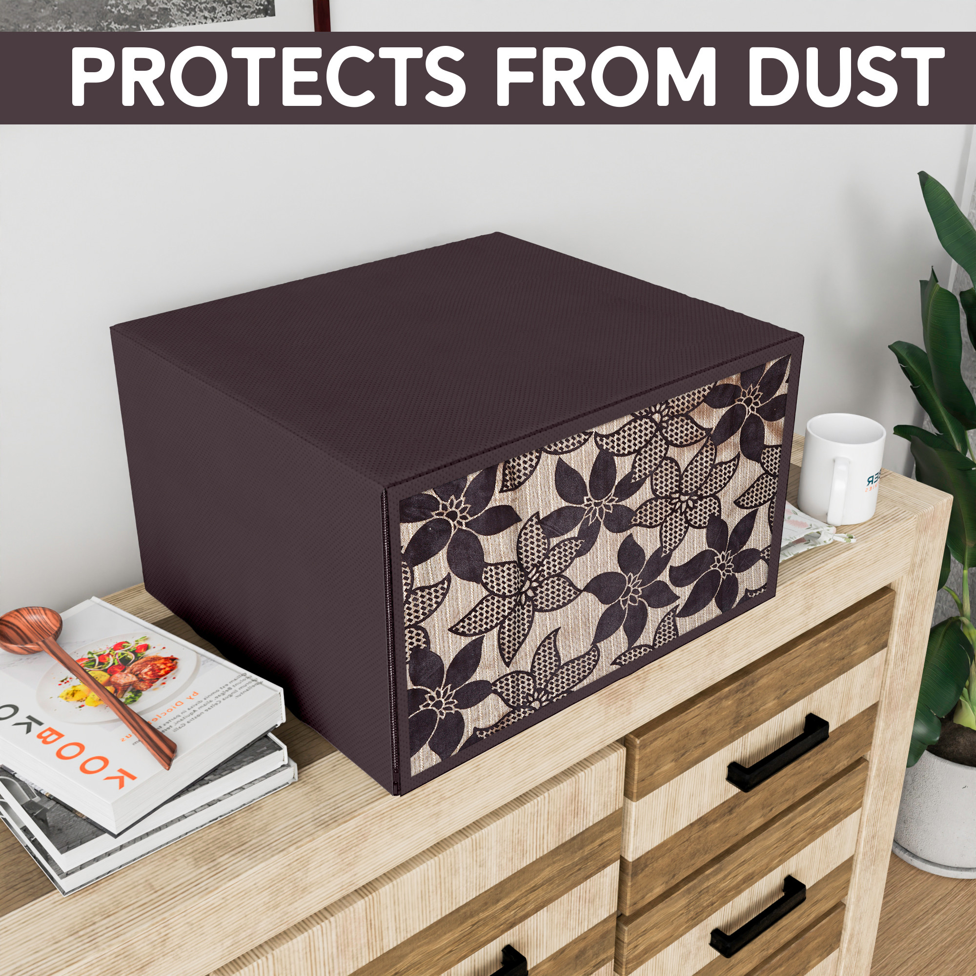 Kuber Industries 23 Ltr Dustproof Full Microwave Cover with Zip  Convection OTG Oven  Accessories Kitchen Decor  Flower Print - Brown