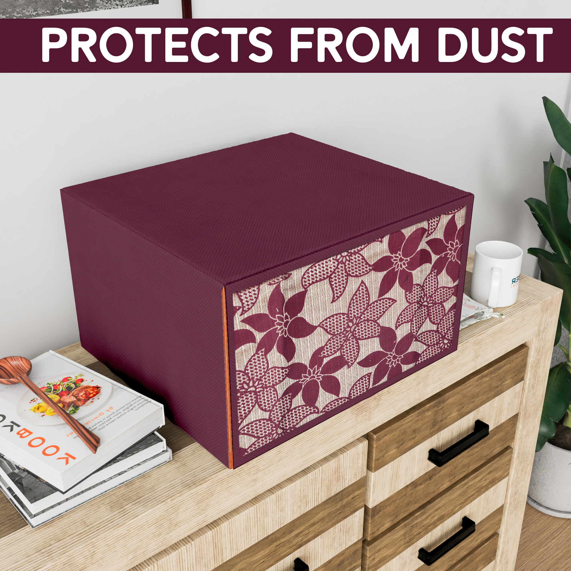 Kuber Industries 23 Ltr Dustproof Full Microwave Cover with Zip  Convection OTG Oven  Accessories Kitchen Decor  Flower Print - Light Maroon