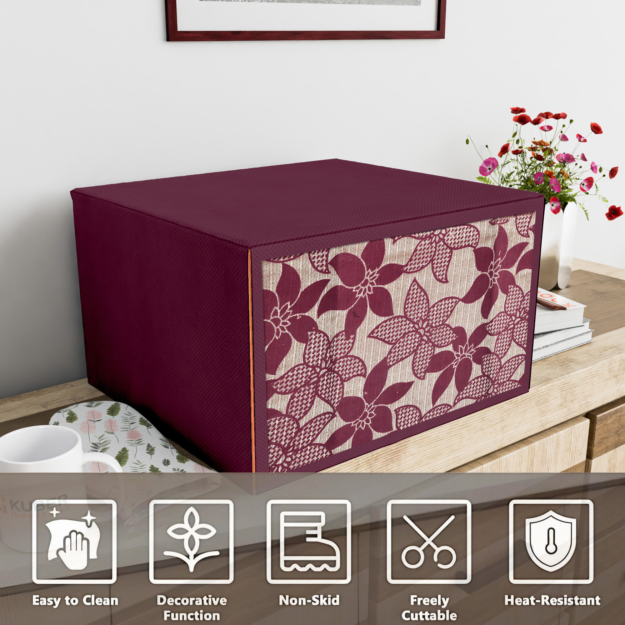Kuber Industries 23 Ltr Dustproof Full Microwave Cover with Zip  Convection OTG Oven  Accessories Kitchen Decor  Flower Print - Light Maroon