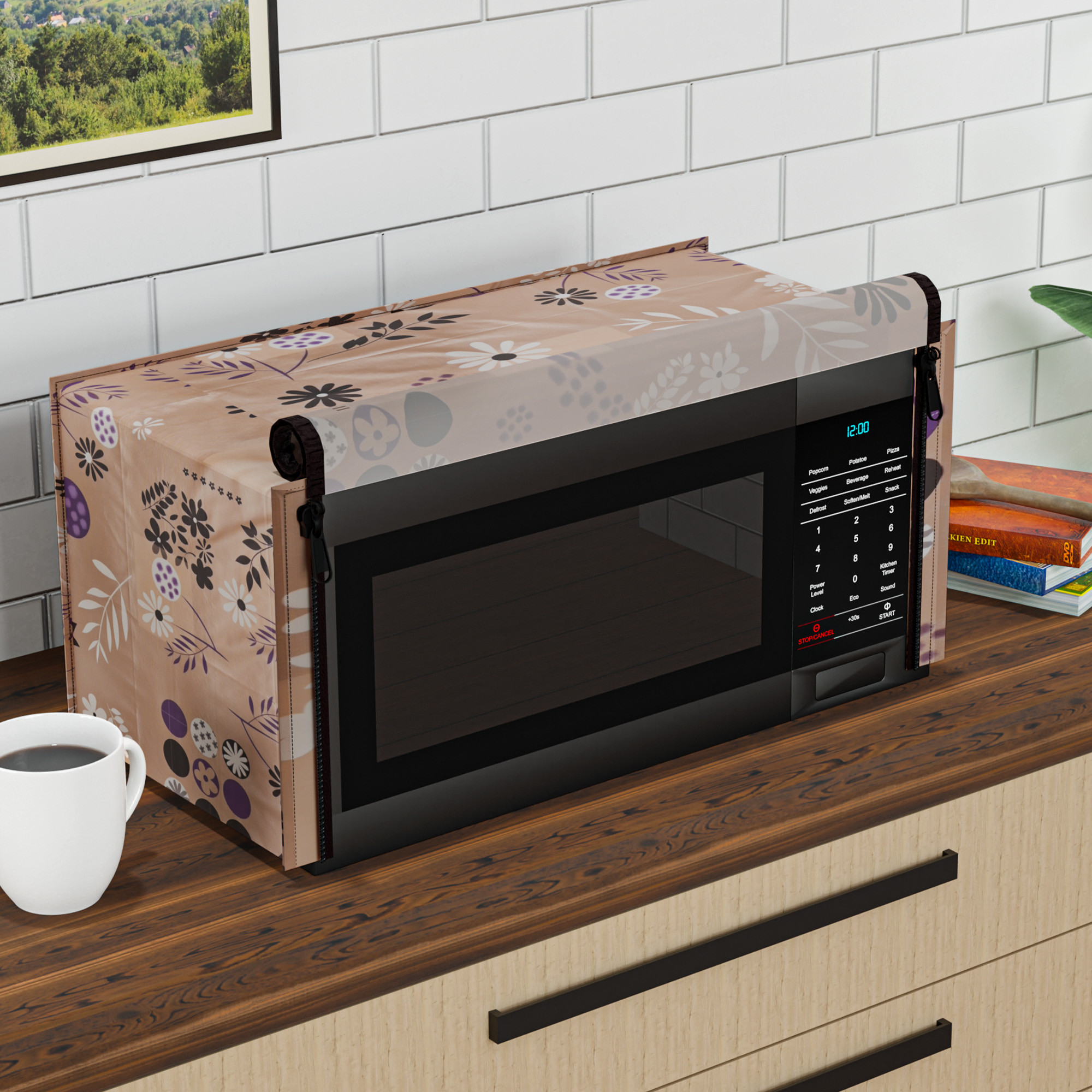 Kuber Industries 23L PVC Dustproof  Spill Resistant Microwave Cover with Ventillation Mesh  Durable Convection  Oven OTG CoversAccessories for Home Decor  Floral - Light Brown