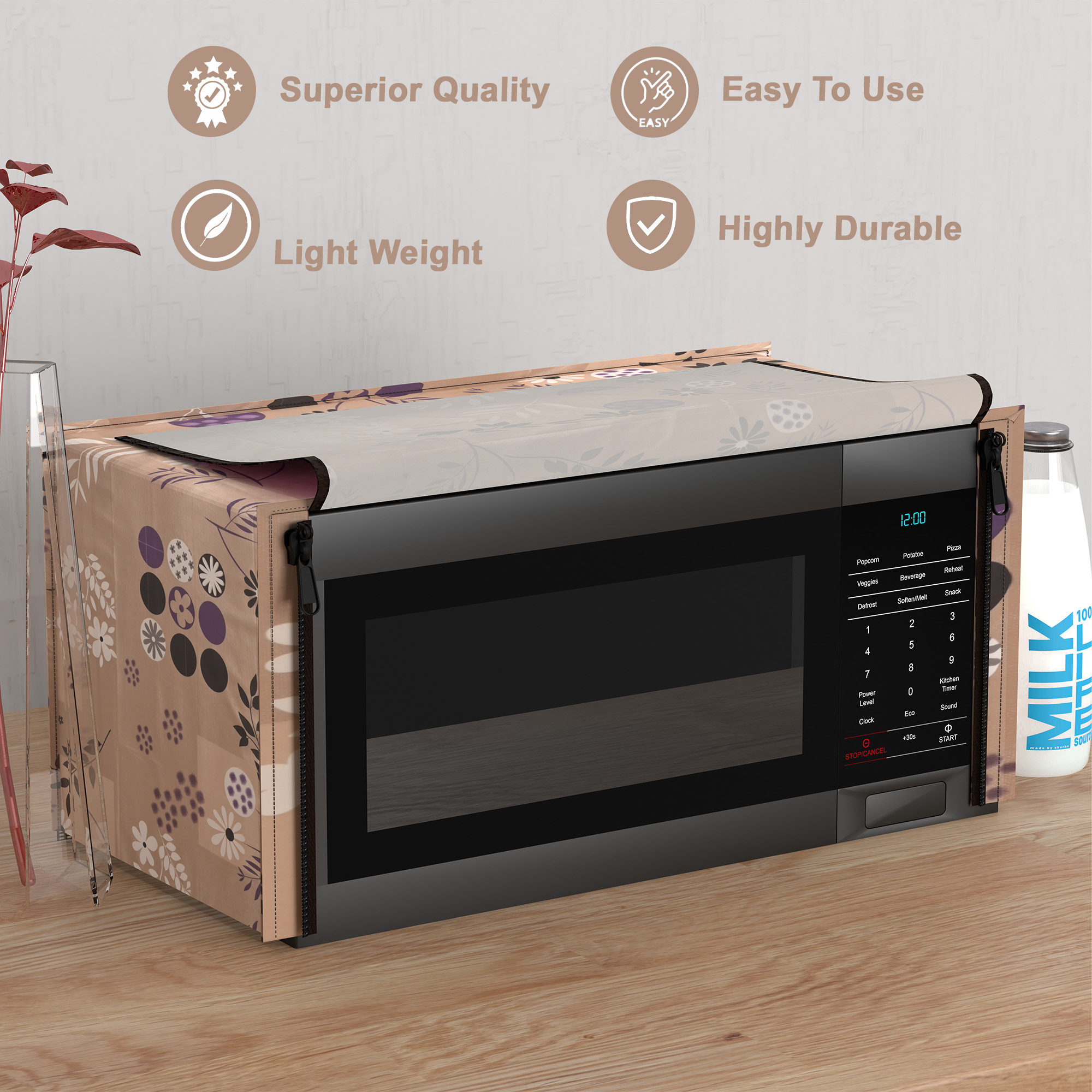 Kuber Industries 23L PVC Dustproof  Spill Resistant Microwave Cover with Ventillation Mesh  Durable Convection  Oven OTG CoversAccessories for Home Decor  Floral - Light Brown