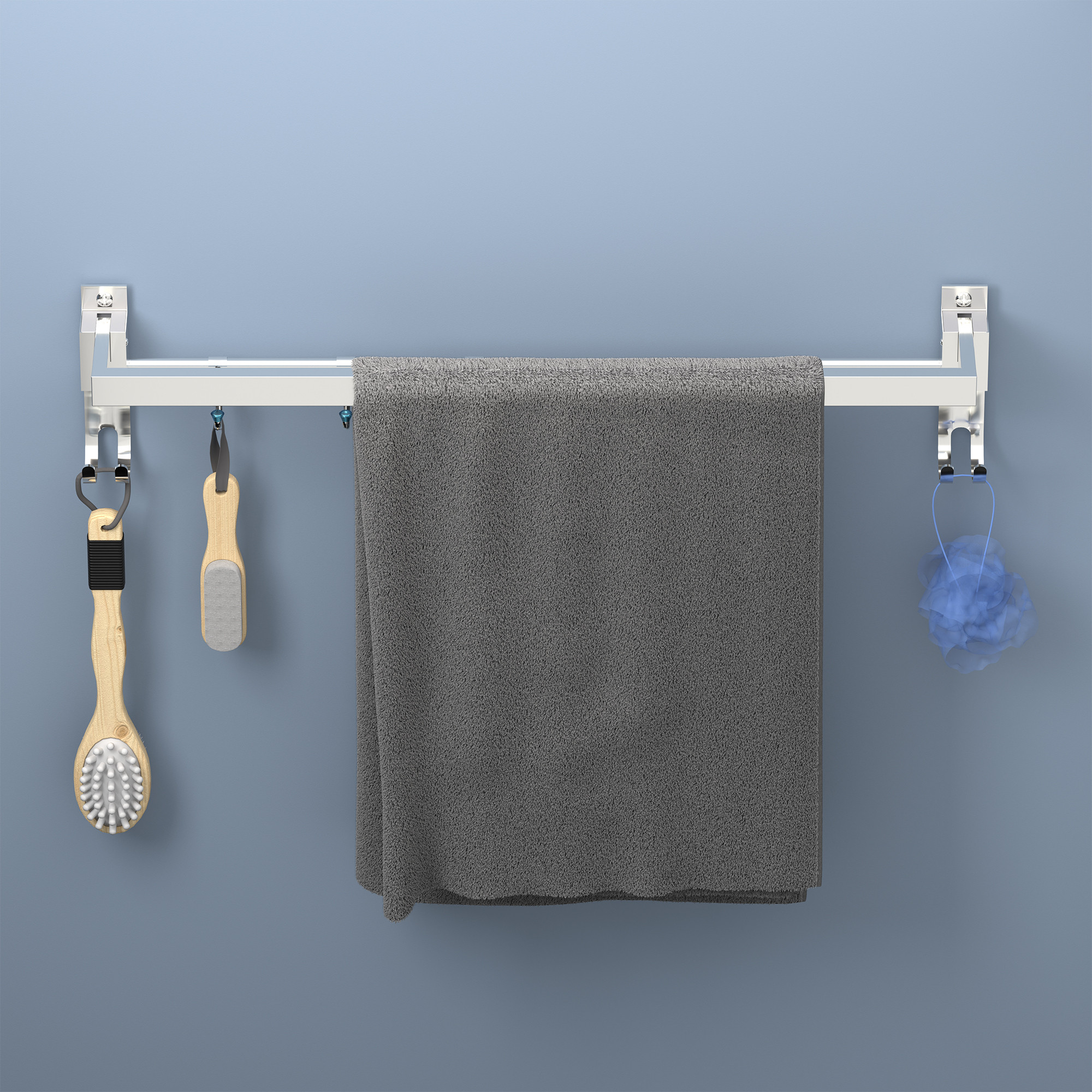 Kuber Industries 24 Inch Foldable Stainless Steel Towel Rod for Bathroom with 2 Fixed  3 Adjustable Hooks  Wall Mount Bathroom Rod for Clothes  Towel Hanger for Bathroom  Silver