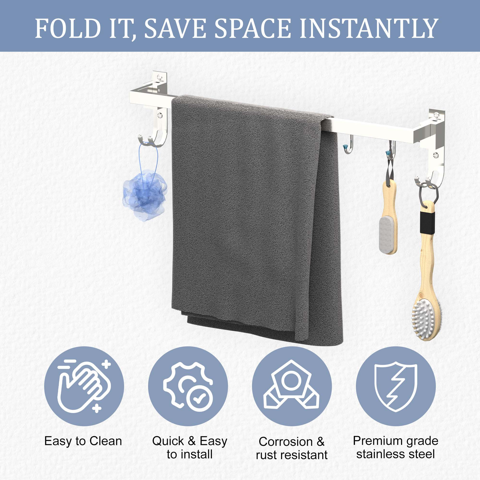 Kuber Industries 24 Inch Foldable Stainless Steel Towel Rod for Bathroom with 2 Fixed  3 Adjustable Hooks  Wall Mount Bathroom Rod for Clothes  Towel Hanger for Bathroom  Silver