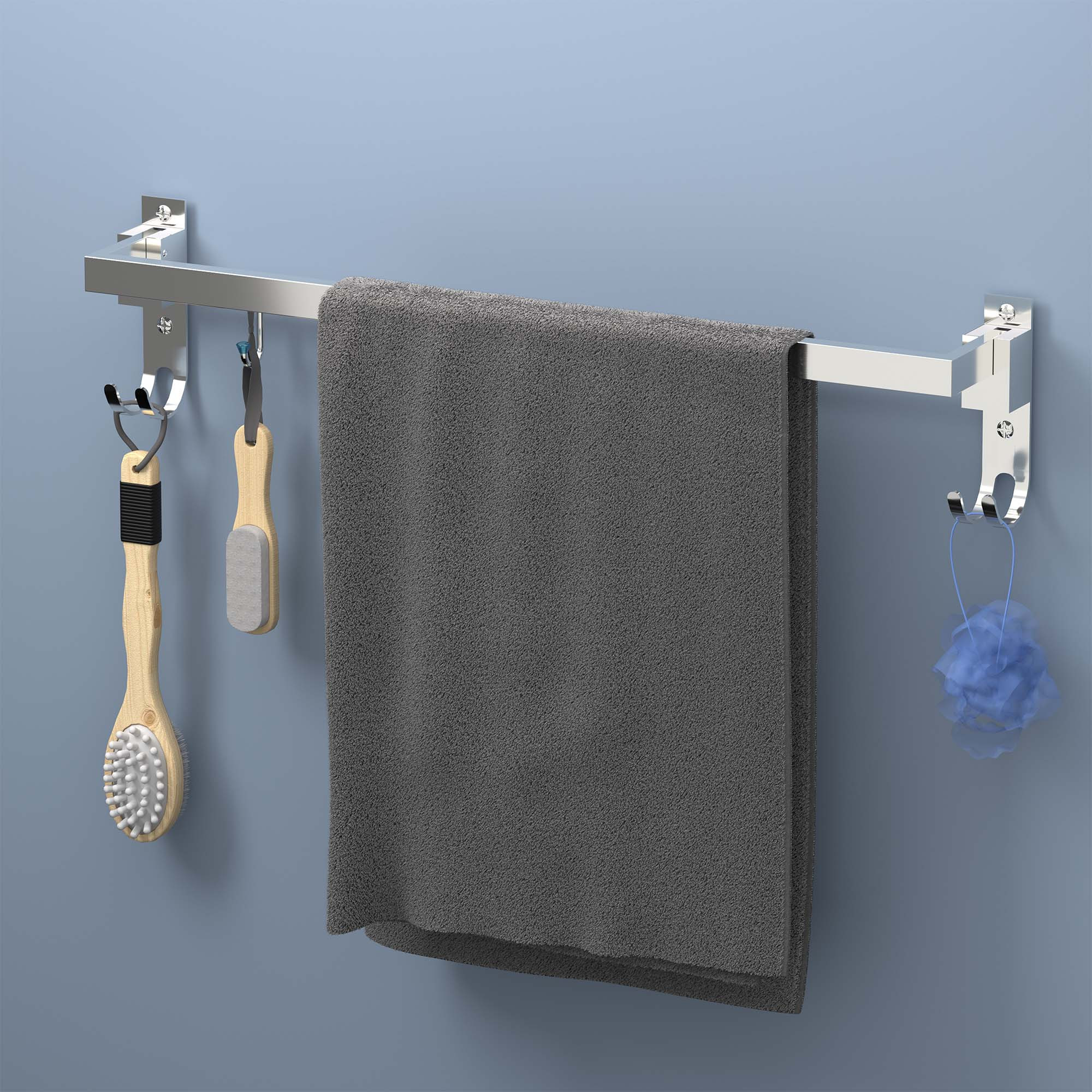 Kuber Industries 24 Inch Foldable Stainless Steel Towel Rod for Bathroom with 2 Fixed  3 Adjustable Hooks  Wall Mount Bathroom Rod for Clothes  Towel Hanger for Bathroom  Silver