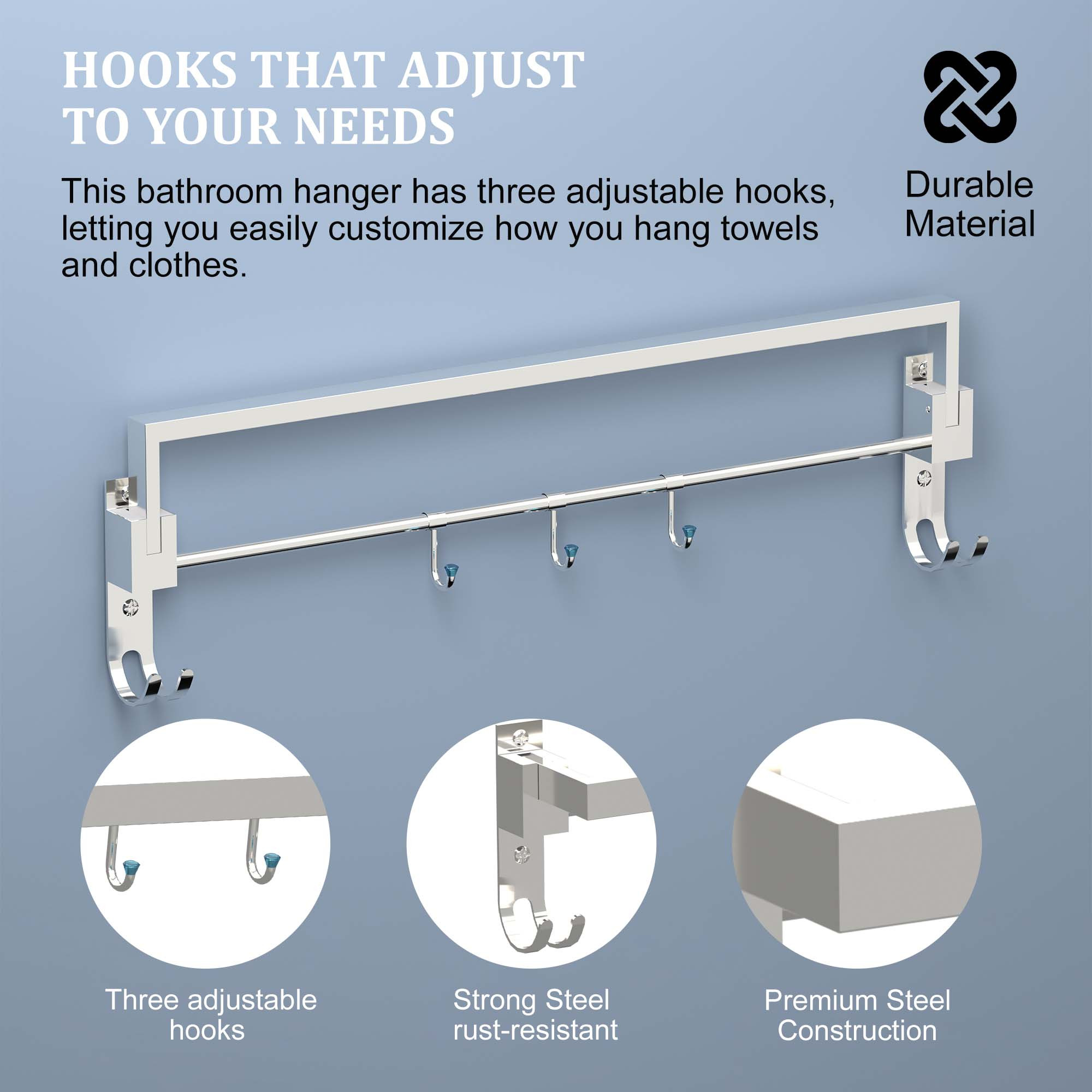 Kuber Industries 24 Inch Foldable Stainless Steel Towel Rod for Bathroom with 2 Fixed  3 Adjustable Hooks  Wall Mount Bathroom Rod for Clothes  Towel Hanger for Bathroom  Silver