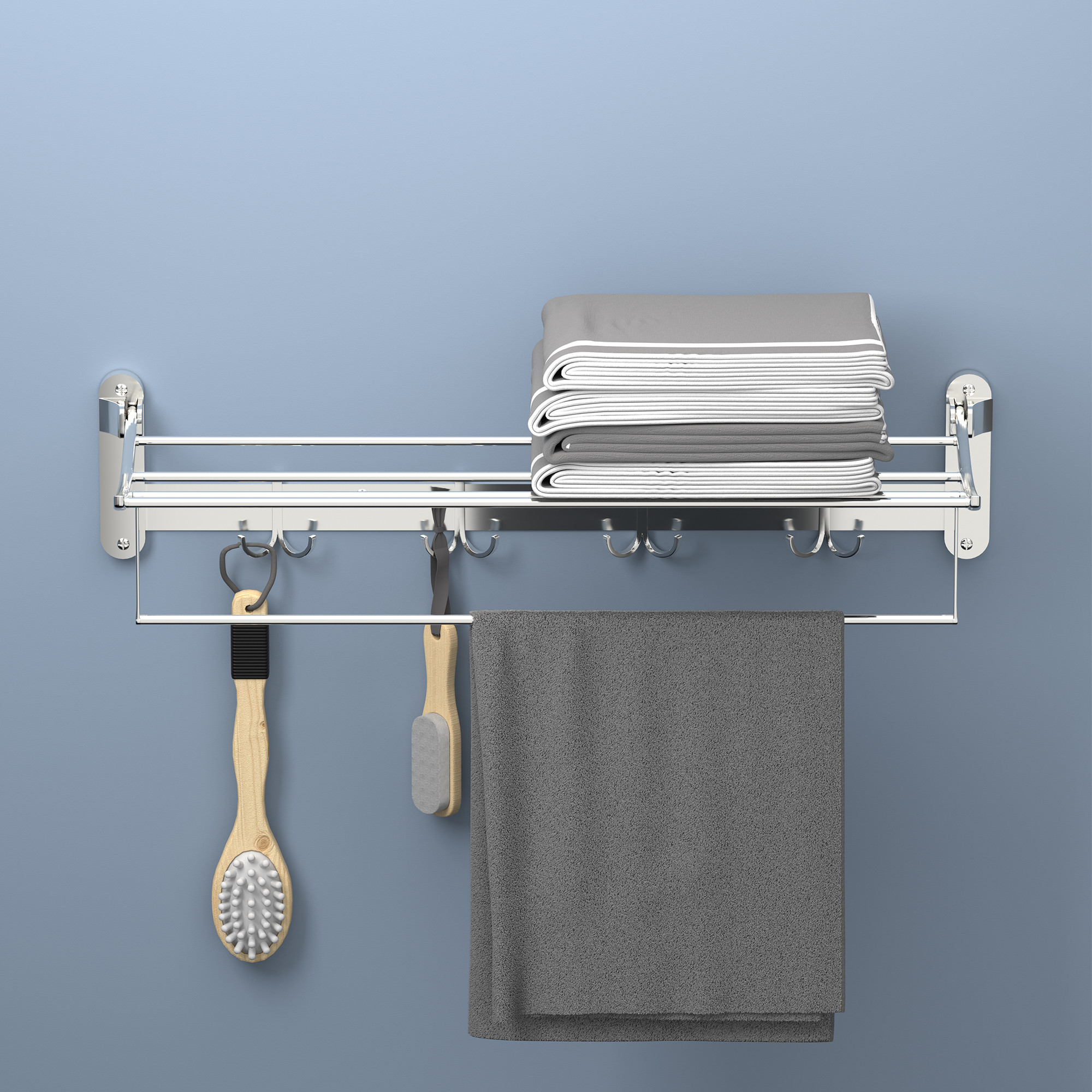 Kuber Industries 24 Inch Wall Mounted Foldable Bathroom Towel Holder with Adjustable Hooks  Stylish Stainless Steel Towel HangerRack - Bathroom Accessories  Fittings  Chrome Finish - Silver