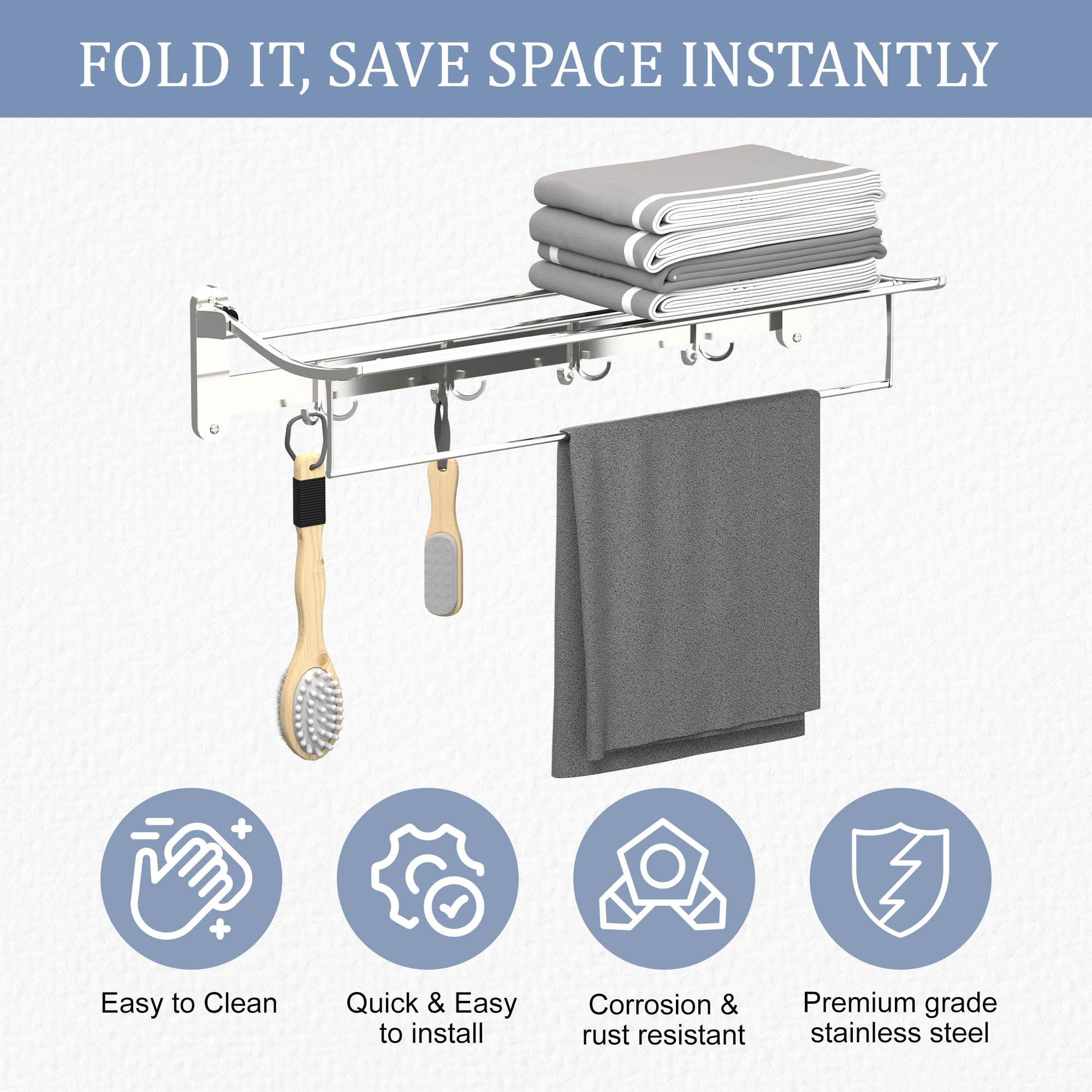 Kuber Industries 24 Inch Wall Mounted Foldable Bathroom Towel Holder with Adjustable Hooks  Stylish Stainless Steel Towel HangerRack - Bathroom Accessories  Fittings  Chrome Finish - Silver