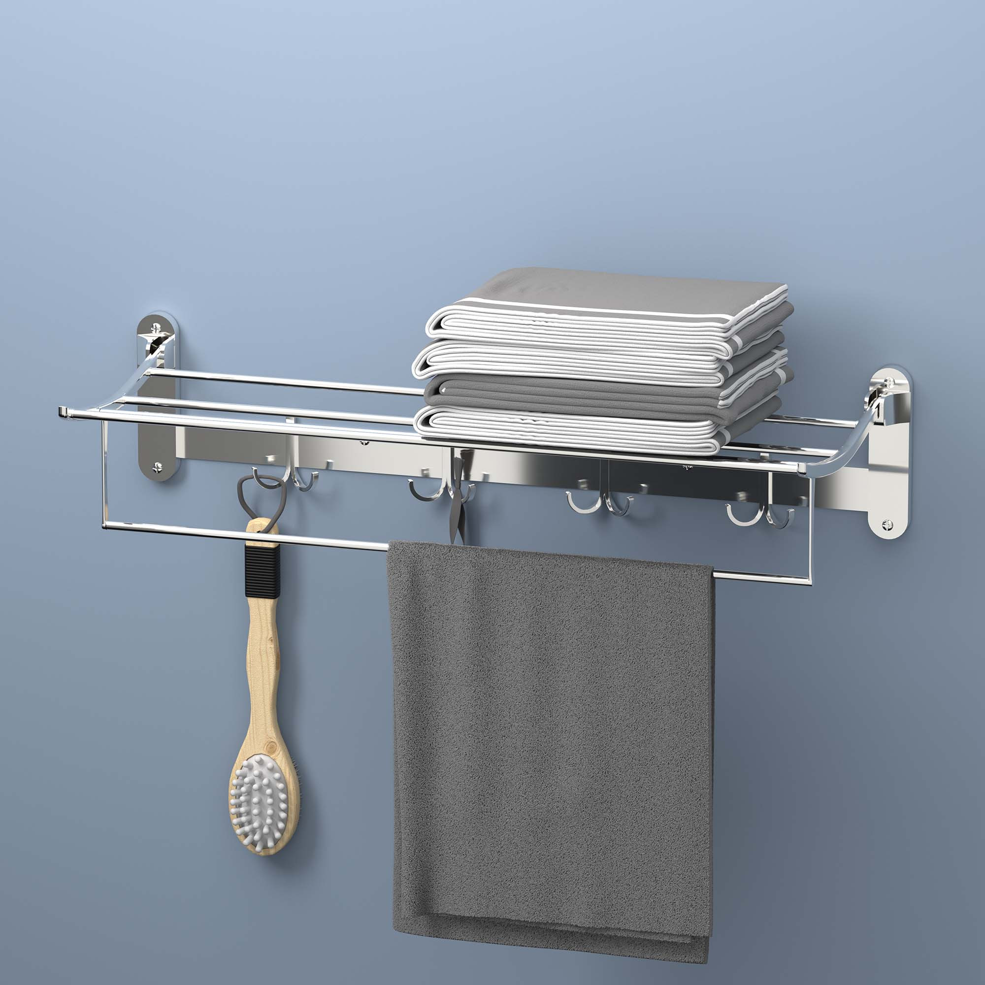 Kuber Industries 24 Inch Wall Mounted Foldable Bathroom Towel Holder with Adjustable Hooks  Stylish Stainless Steel Towel HangerRack - Bathroom Accessories  Fittings  Chrome Finish - Silver