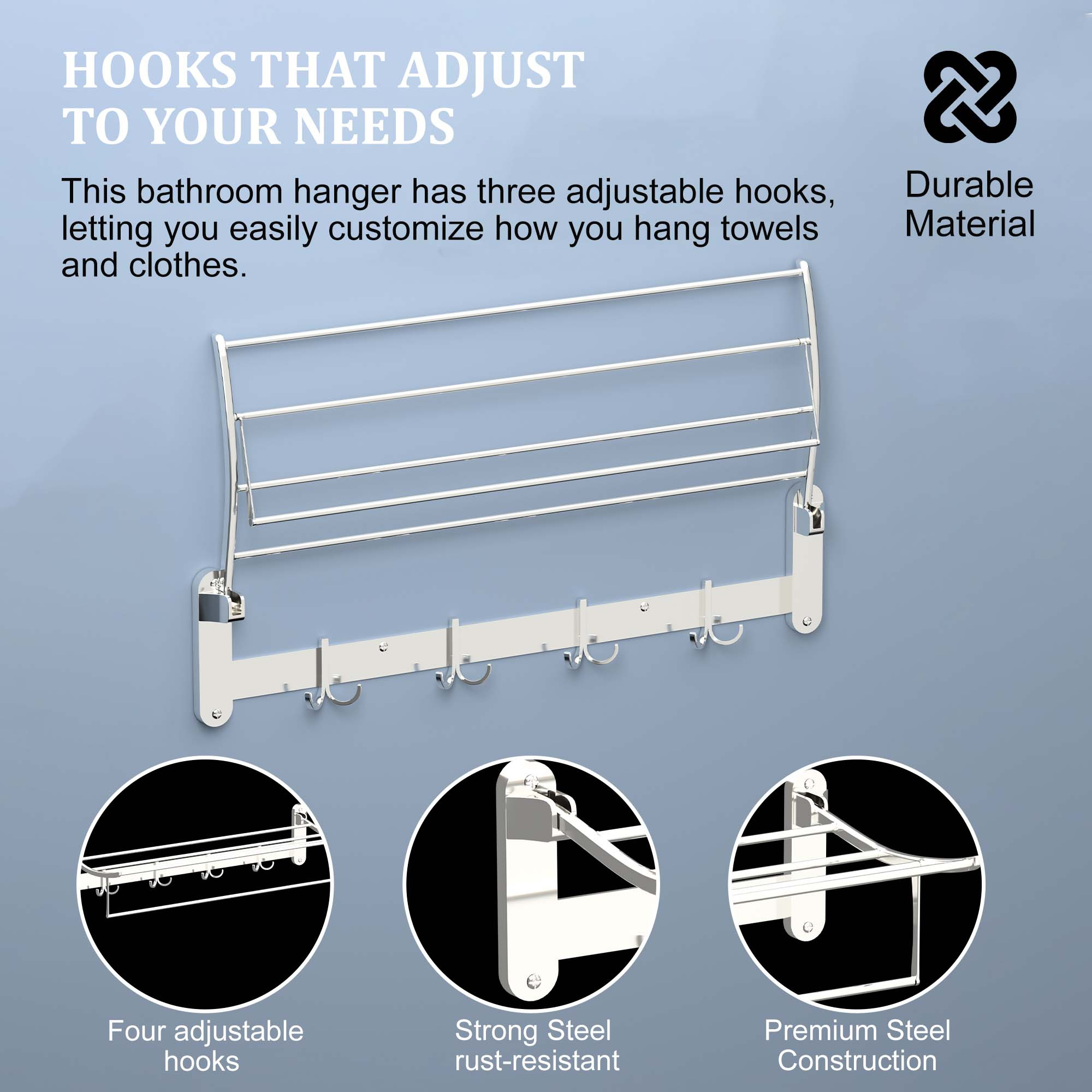 Kuber Industries 24 Inch Wall Mounted Foldable Bathroom Towel Holder with Adjustable Hooks  Stylish Stainless Steel Towel HangerRack - Bathroom Accessories  Fittings  Chrome Finish - Silver